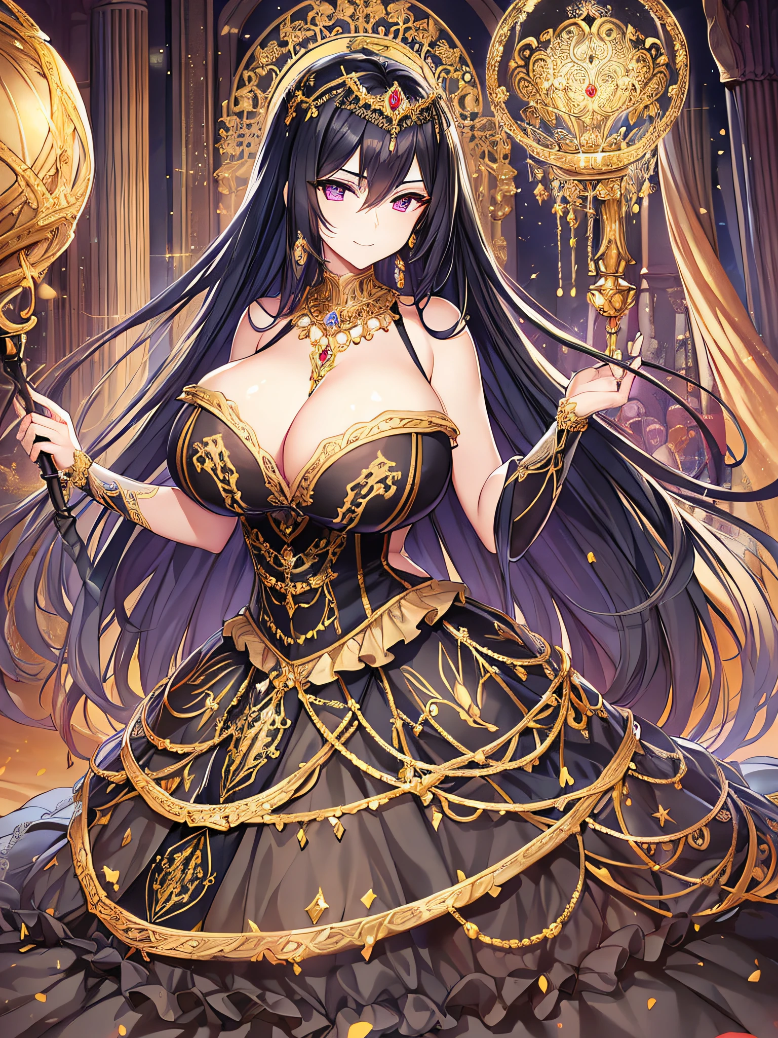 ((anime moe artstyle)),((Masterpiece)), (Best Quality), (Super Detail), Illustration, (((Very Delicate and Beautiful))),Dynamic Angle,Looking at viewer,((((Solo)))),(((Full body))),(((1 arrogant cute empress in black ball gown))),((holding a long scepter)),(standing),dominant pose,(arrogant),(((haughty smile))),Purple eyes,(Sharp eyes),Detailed Face, Long Eyelashes,Jet Black Hair,Straight Hair,((Very Long Hair)),Bangs between eyes,((((gigantic breasts)))),cleavage,((skindentation)),curvy,off shoulder,See-through,(gorgeous embroidered black and gold rococo ball gown),(fluffy rococo ball gown with gorgeous embroidery),(((hoop skirt))),long skirt,corset,crinoline,opera gloves,Beautifully Gorgeous jeweled big tiara,Beautifully Gorgeous gem earrings,Beautifully Gorgeous jeweled necklace,Beautifully Gorgeous jeweled ornaments,indoor,light particles,royal palace,