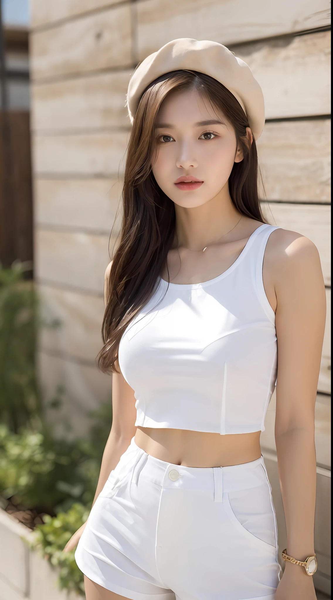 ((Best Quality, 8K, Masterpiece: 1.3)), (Flower Cap: 1.3), Focus: 1.2, Perfect Body Beauty: 1.4, Buttocks: 1.2, (Layered Haircut: 1.2)), (Dark Street: 1.3), Highly Detailed Face and Skin Texture, Full Body, Delicate Eyes, Double Eyelids, Whitened Skin, Long Hair, (Round Face: 1.5), (Loose Crop Top, Shorts: 1.6)