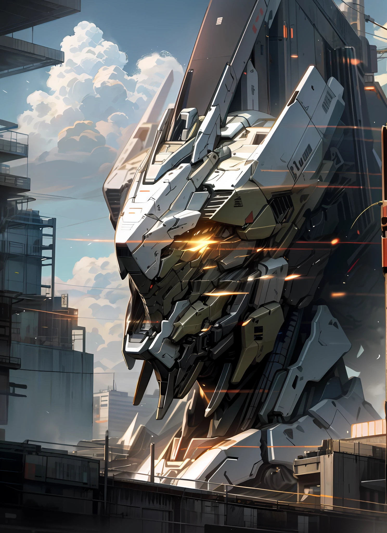 sky, cloud, holding_weapon, no_humans, glowing, , robot, building, glowing_eyes, mecha, science_fiction, city, realistic,mecha