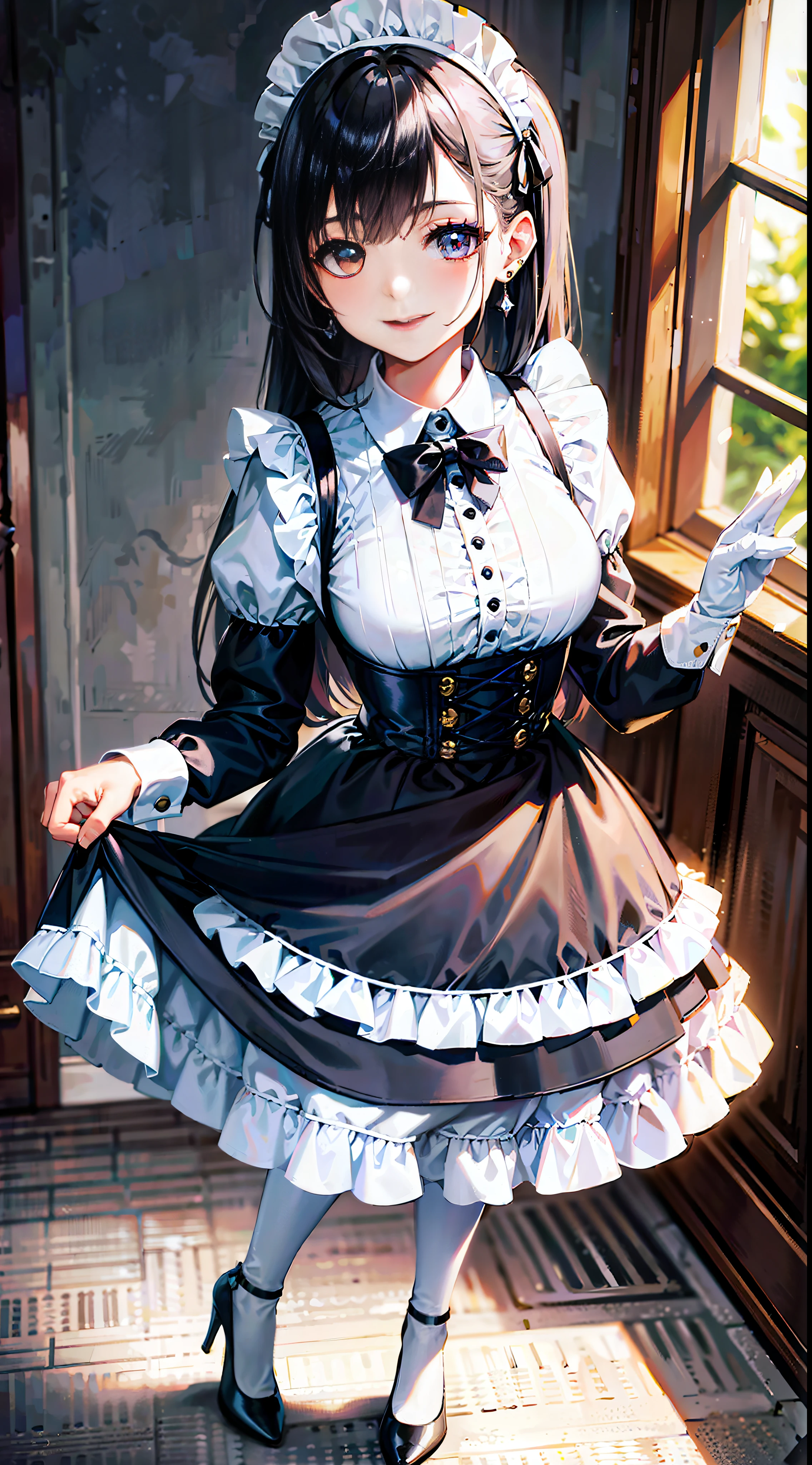Painted smoky makeup, eye shadow, maid girl, silky hair, wearing hair accessories and earrings, sweet smile. She wore a maid dress, white stockings and high heels on her feet, and lace gloves. Dignified and elegant standing. The scene is random.