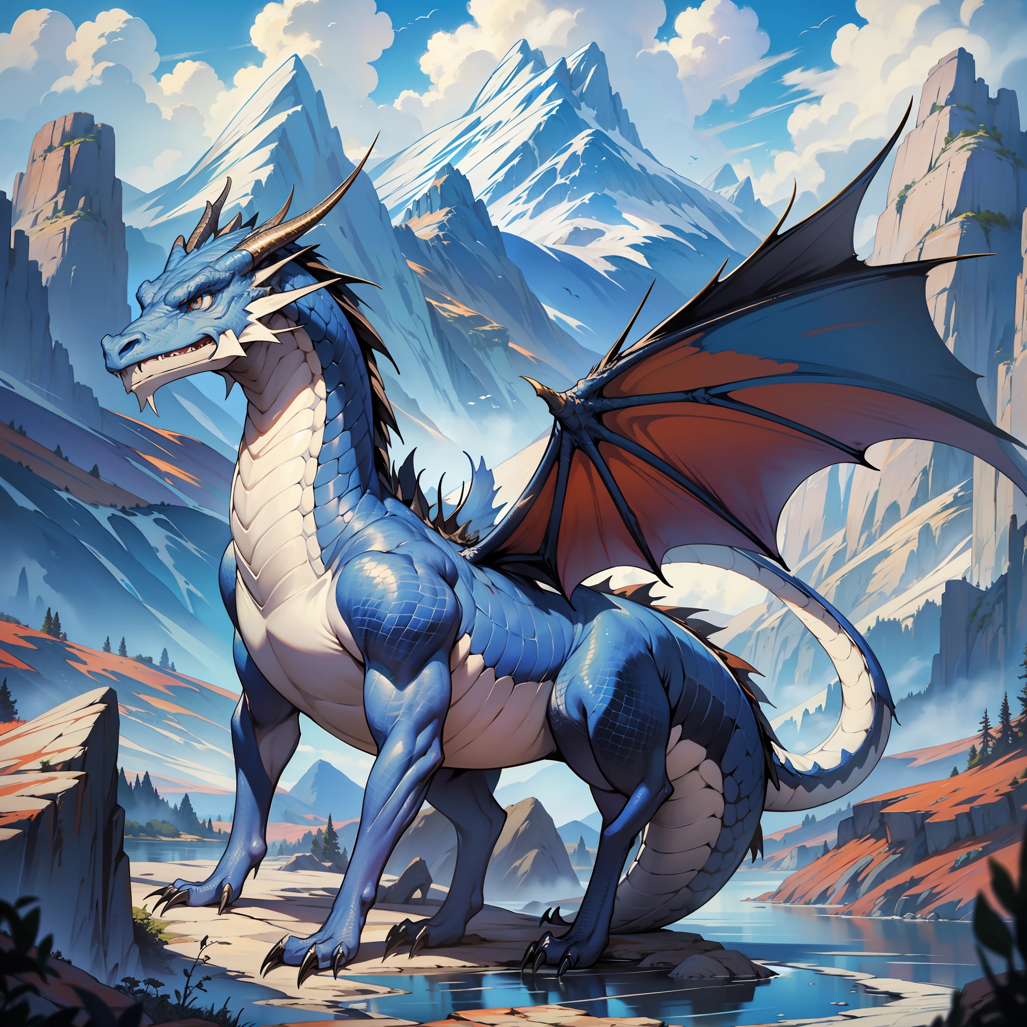 ((realistic: 1.5)),((best quality)), ((masterpiece)),((detailed)), dragon, blue color, wingless, white details, large, fierce, mountains and rivers