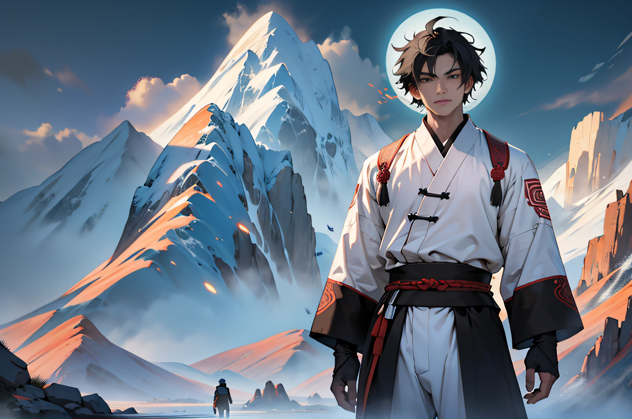 Best quality, masterpiece, high resolution, 1boy, ancient Chinese, 18 years old, short black hair, white pajamas, standing at the foot of the mountain, huge mountains, dark effect, fighting, punching, dynamic pictures 4k, 8k. Chinese ancient style. (High Detail Skin: 1.2), 8K UHD, DSLR, Soft Light, High Quality, Volumetric Light, Voyeur, Photo, High Resolution, 4K, 8K.
