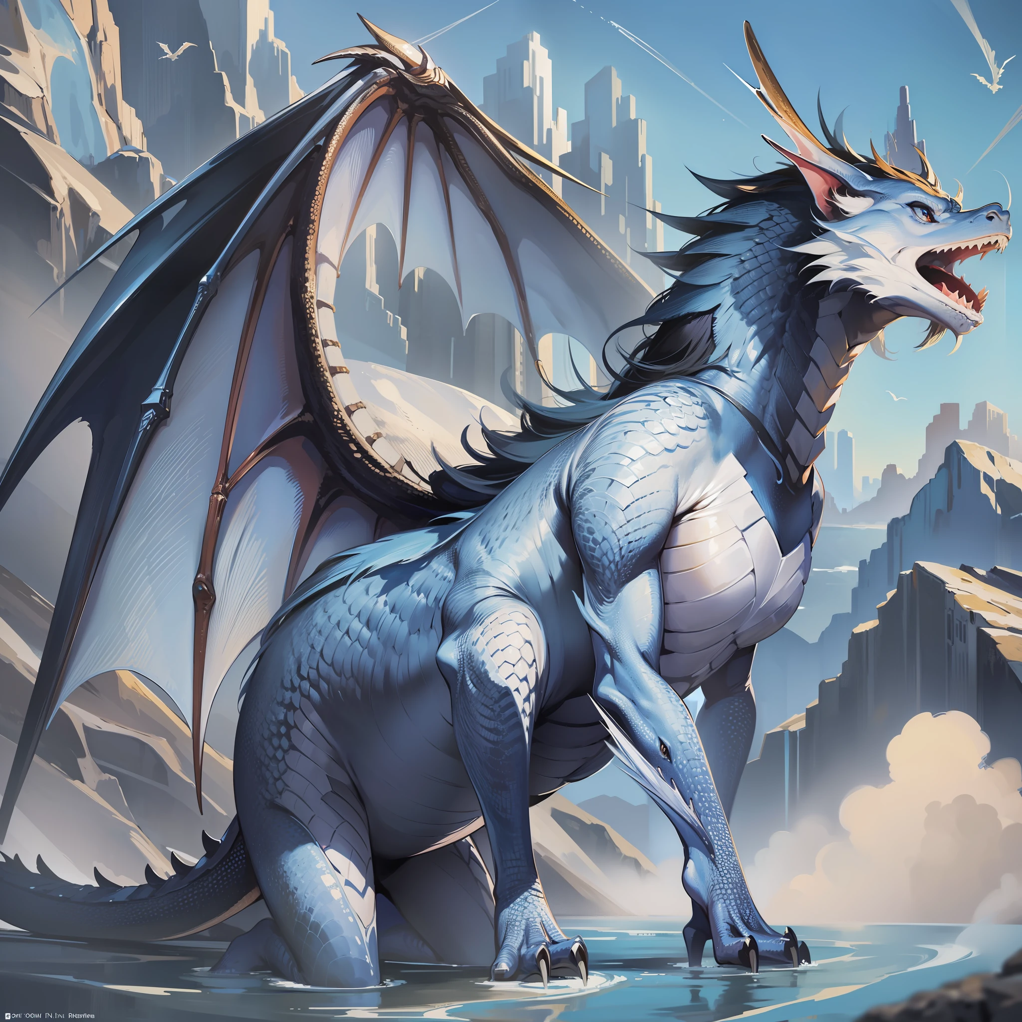 ((realistic: 1.5)),((best quality)), ((masterpiece)),((detailed)), dragon, blue color, wingless, white details, large, fierce, mountains and rivers
