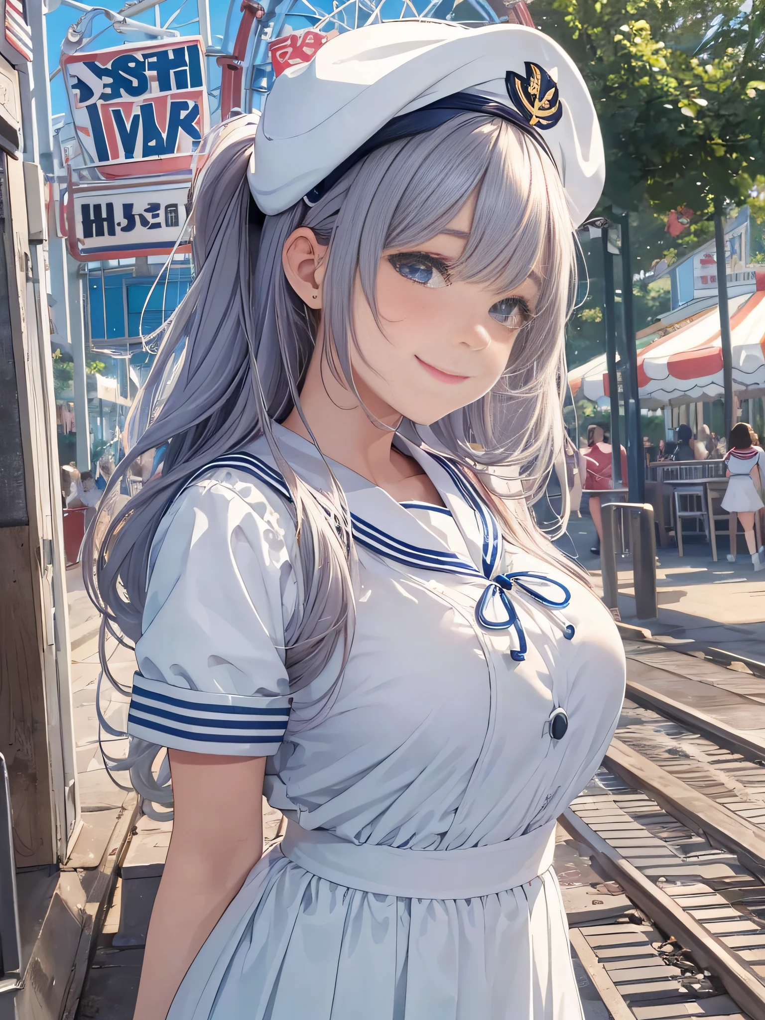 Teenage girl, white sailor suit, (sailor color), amusement park, cute hairstyle, (huge breasts: 1.5), looking at sailor color up from the side, smiling, looking here