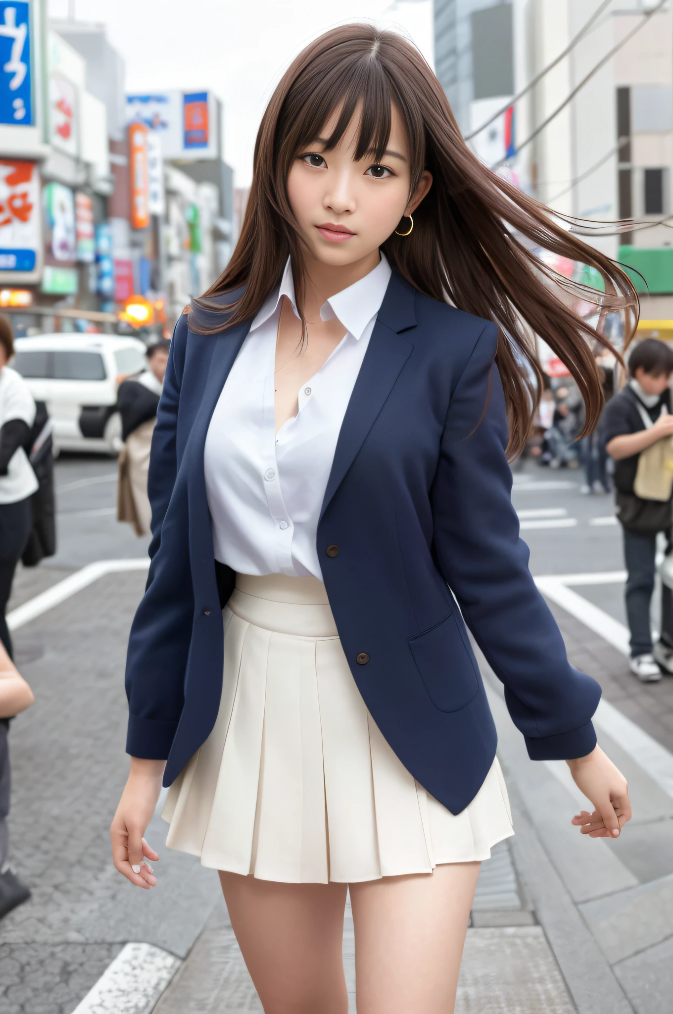 Ultra top quality, masterpiece, ultra high resolution, (photorealistic: 1.4), highly detailed CG Unity 8k wallpaper, detailed and complex, incredibly absurd, original, high resolution, raw photo, (perfect figure), fine and complex, DSLR, soft lighting, high quality, film grain, depth of field, Leica camera, 50mm lens, backlight, HDR, Hyperrealistic, Color Grade, Dynamic Pose, Portrait, Japan People, Smile, Lips, Bangs, (Crowded Akihabara: 1.2), Front View Viewer, Natural Light, Girl, 19 Years Old, Full Body, Solo, Student, High School, Uniform, Bobby Socks, Pleated Skirt, Day, On the Street, Deep Shadow, Cute, Beauty, Unobtrusive, Cold Light 12000K\\ Street, Store State, Akihabara, Shinjuku, Shibuya, Ikebukuro, detailed realism, skin texture, super detailed, realistic skin texture, (dramatic, award-winning photos, incredible masterpieces: 1.3)