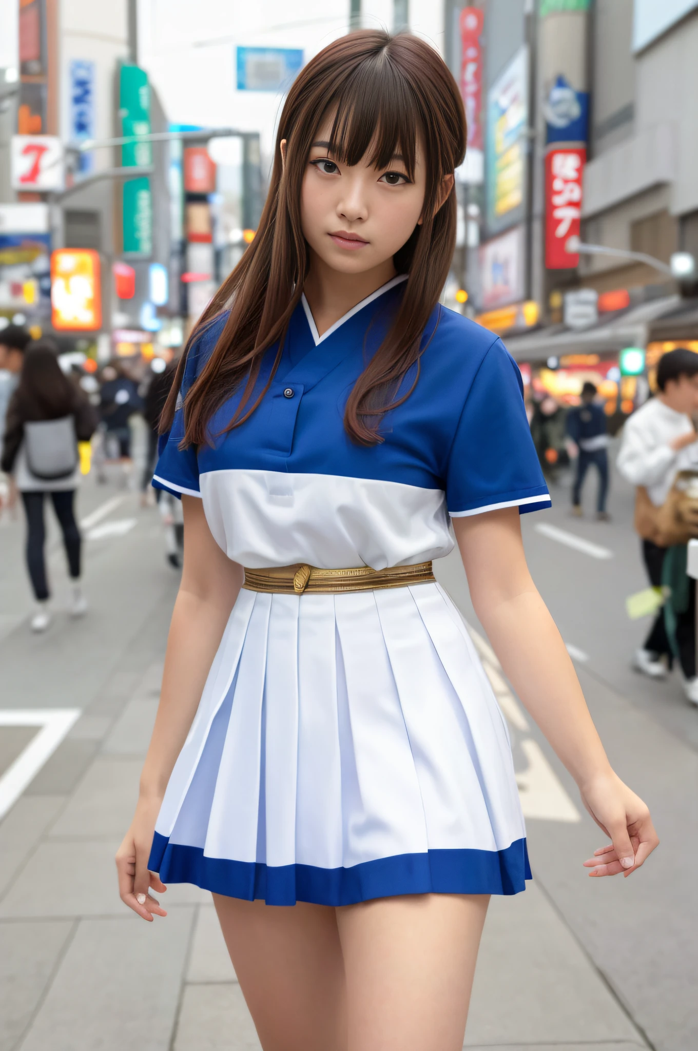 Ultra top quality, masterpiece, ultra high resolution, (photorealistic: 1.4), highly detailed CG Unity 8k wallpaper, detailed and complex, incredibly absurd, original, high resolution, raw photo, (perfect figure), fine and complex, DSLR, soft lighting, high quality, film grain, depth of field, Leica camera, 50mm lens, backlight, HDR, Hyperrealistic, Color Grade, Dynamic Pose, Portrait, Japan People, Smile, Lips, Bangs, (Crowded Akihabara: 1.2), Front View Viewer, Natural Light, Girl, 19 Years Old, Full Body, Solo, Student, High School, Uniform, Bobby Socks, Pleated Skirt, Day, On the Street, Deep Shadow, Cute, Beauty, Unobtrusive, Cold Light 12000K\\ Street, Store State, Akihabara, Shinjuku, Shibuya, Ikebukuro, detailed realism, skin texture, super detailed, realistic skin texture, (dramatic, award-winning photos, incredible masterpieces: 1.3)
