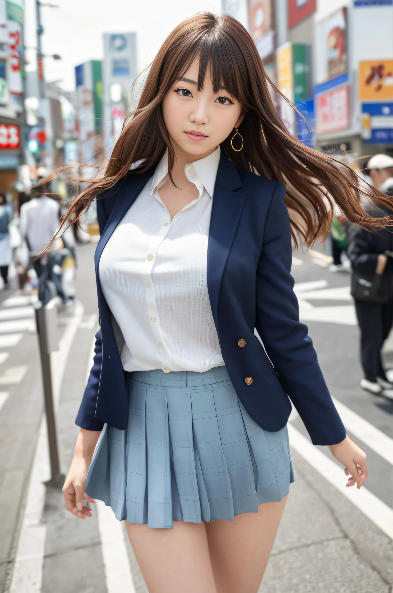 Ultra top quality, masterpiece, ultra high resolution, (photorealistic: 1.4), highly detailed CG Unity 8k wallpaper, detailed and complex, incredibly absurd, original, high resolution, raw photo, (perfect figure), fine and complex, DSLR, soft lighting, high quality, film grain, depth of field, Leica camera, 50mm lens, backlight, HDR, Hyperrealistic, Color Grade, Dynamic Pose, Portrait, Japan People, Smile, Lips, Bangs, (Crowded Akihabara: 1.2), Front View Viewer, Natural Light, Girl, 19 Years Old, Full Body, Solo, Student, High School, Uniform, Bobby Socks, Pleated Skirt, Day, On the Street, Deep Shadow, Cute, Beauty, Unobtrusive, Cold Light 12000K\\ Street, Store State, Akihabara, Shinjuku, Shibuya, Ikebukuro, detailed realism, skin texture, super detailed, realistic skin texture, (dramatic, award-winning photos, incredible masterpieces: 1.3)