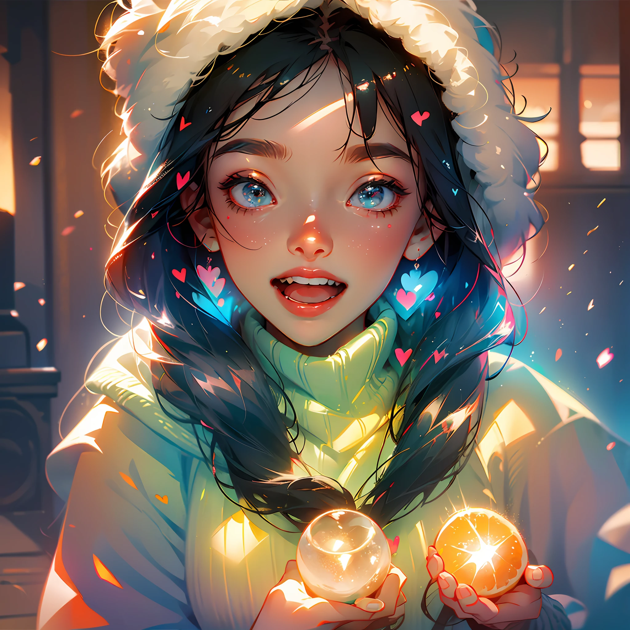a girl, cosy sweater on, upper body, (huge Laughing:1.1), (open mouth:1.1), (wide open eyes:1.2), sun glare, bokeh, depth of field, blurry background, light particles, strong wind, (heart particles:1.1) --auto --s2