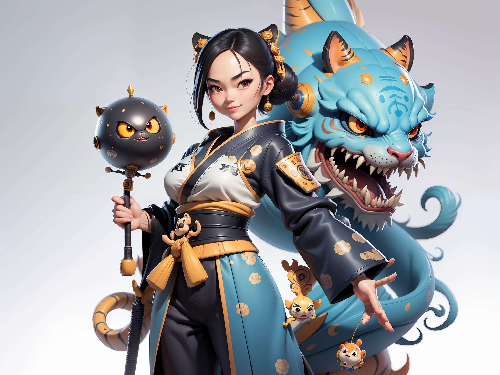 (Masterpiece), (Extreme Quality), (Super Meticulous), (Full Body: 1.2), Super Young Woman, Japanese Female Geisha, Beauty, Chinese Dragon, Tiger, Fengshen Thor, Sexy, Bursting, Oriental Face, TV Anchor, Bust Portrait Illustration, Alone, Black Suit, Blue Tie, Slightly Chubby, Very Clean Face, No Beard, Black Super Short Hair, Black Eyes, Confident Smile, 3c Computer Sub-Products, iPad, iPhone, Digital Painting, 3D character design by Mark Clairedon and Pixar and Hayao Miyazaki and Akira Toriyama, the illustrations are HD illustrations in 4K resolution with highly detailed facial features and cartoon-style visuals.