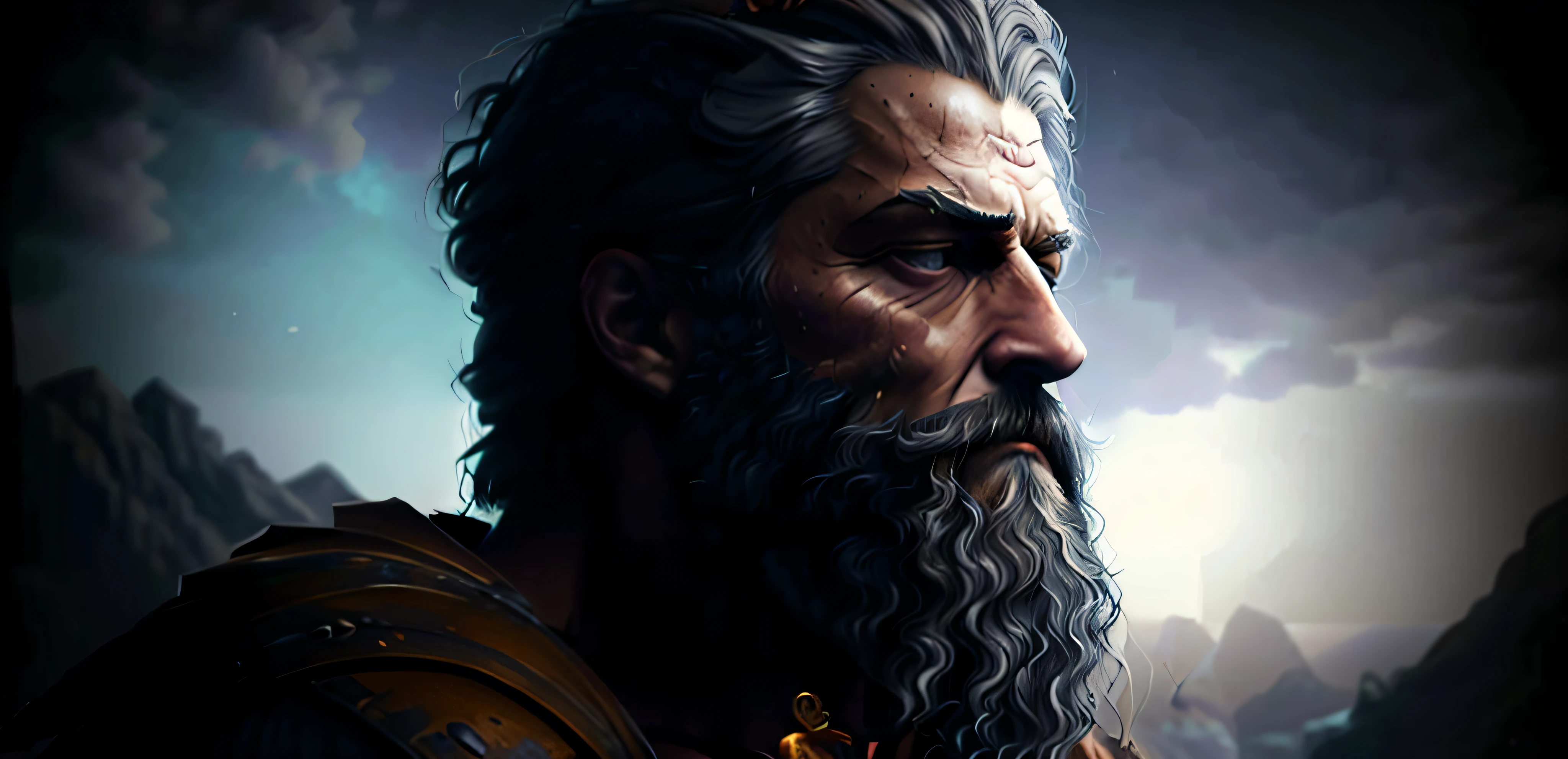 a man with a beard and a beard in a scene, petros afshar speedart, painted portrait of rugged zeus, portrait zeus, cinematic full character, unreal engine character art, portrait of rugged zeus, with leonidas beard, cinematic realistic portrait, epic scene of zeus, epic digital art illustration, artgerm ; 3d unreal engine, epic portrait illustration