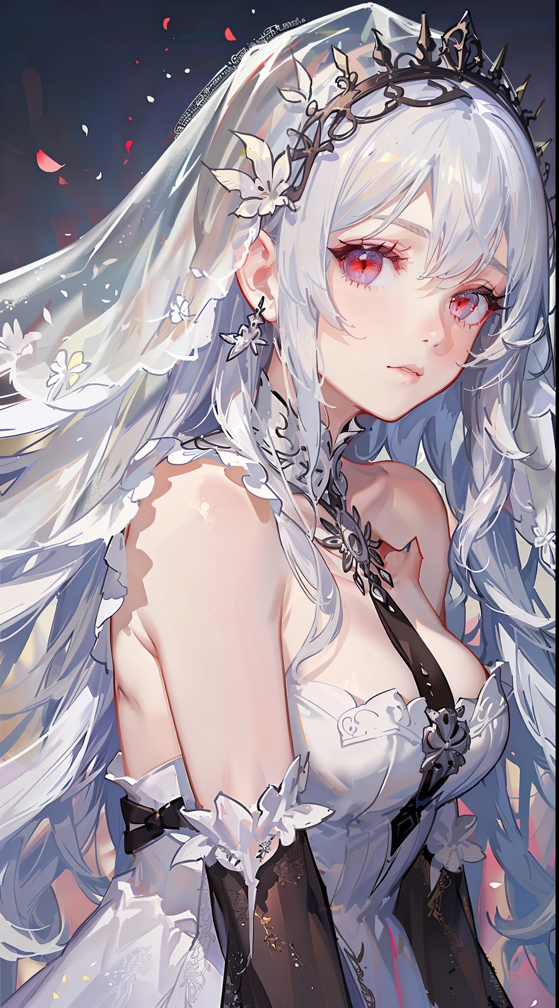 Young girl, long white hair, sloppy hair, red eyes, pale skin, white open dress, translucent dress, veil, masterpiece, high quality