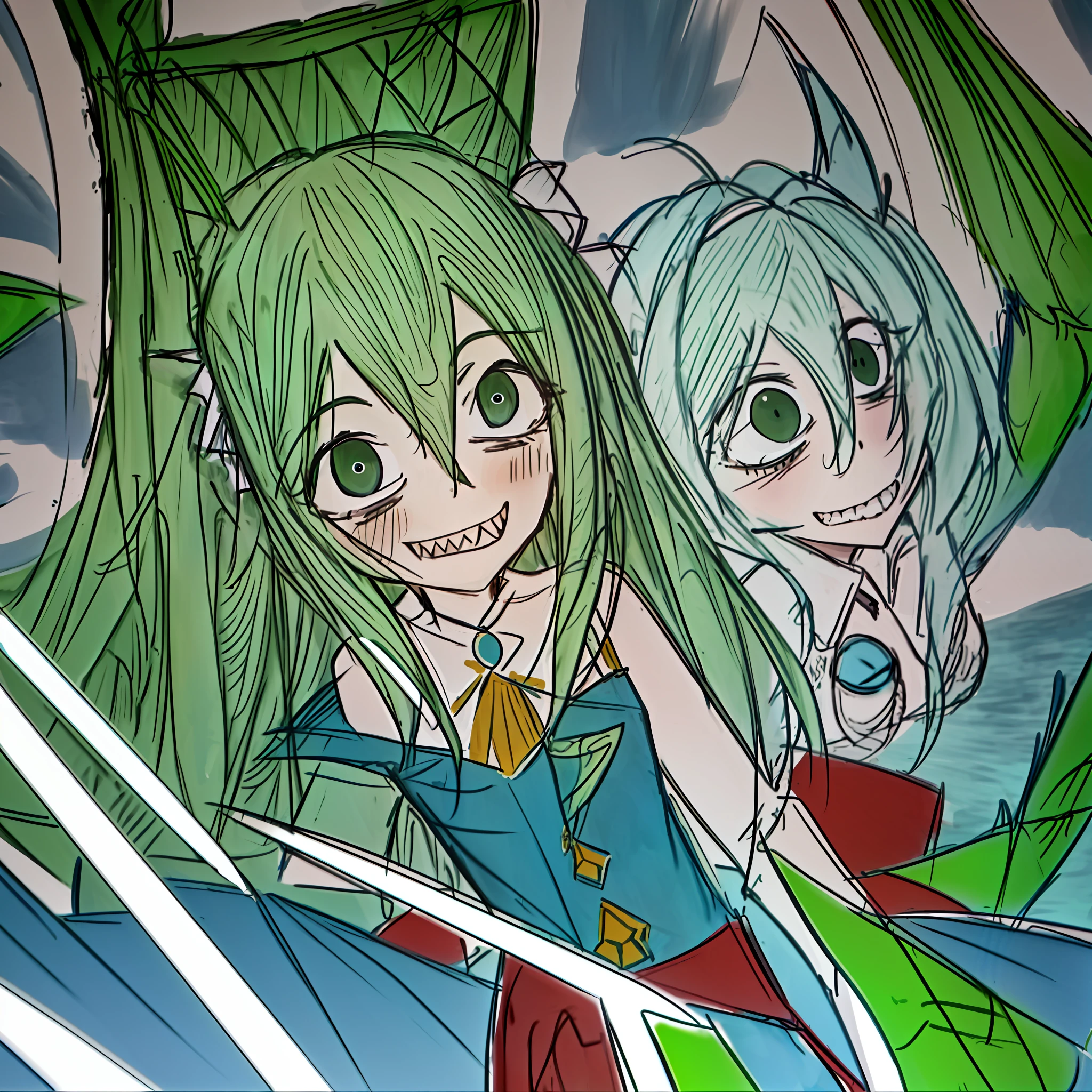 masterpiece, best quality, sketch, ms_paint, sharp_edges, ((kkhta_style)), MHXA, green_dress, ((upper body))), Wakasagihime, mermaid, happy, smiling, female, cute, blue_hair, curly_hair, sharp_teeth, blue_eyes, fin_ears, water_background, ((fish))