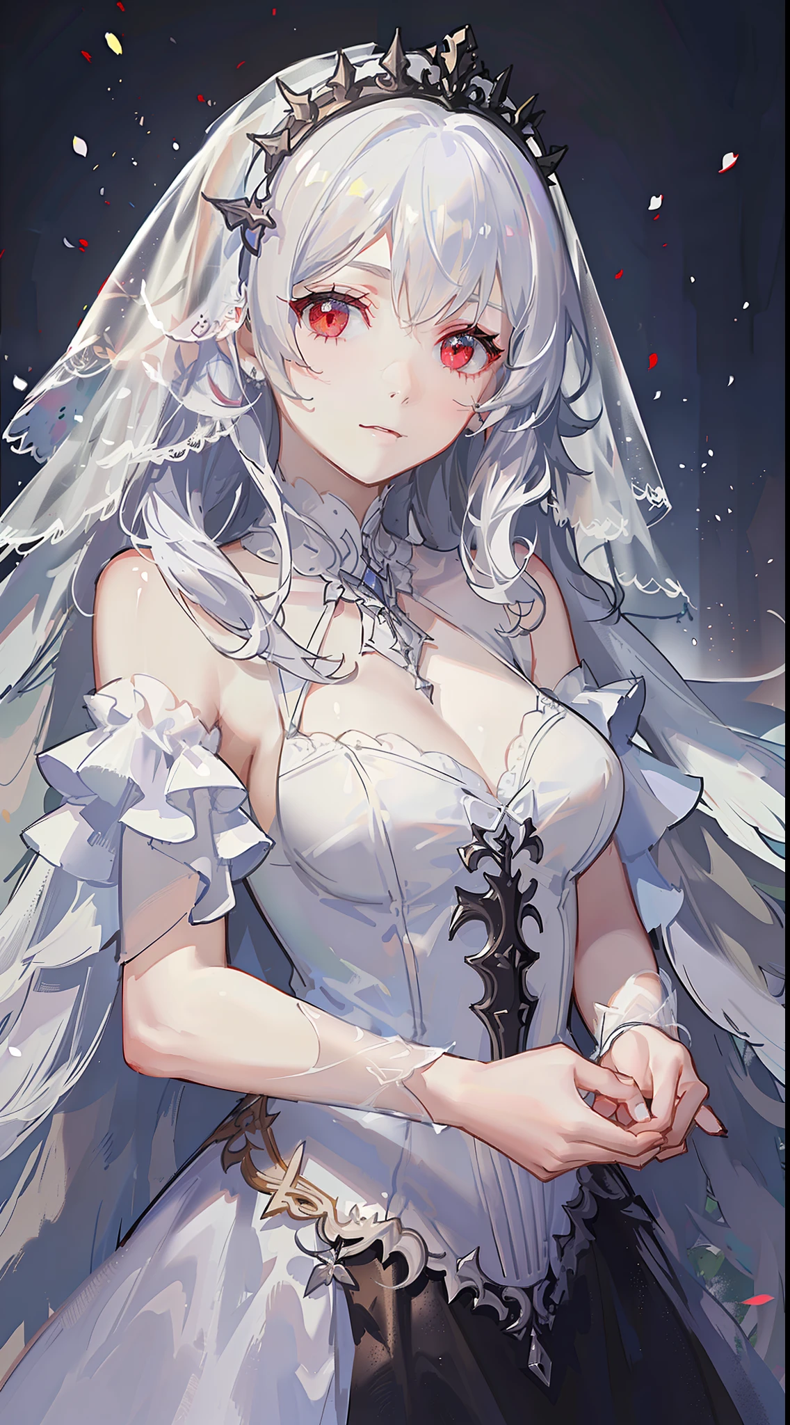 Young girl, long white hair, sloppy hair, red eyes, pale skin, white open dress, translucent dress, veil, masterpiece, high quality