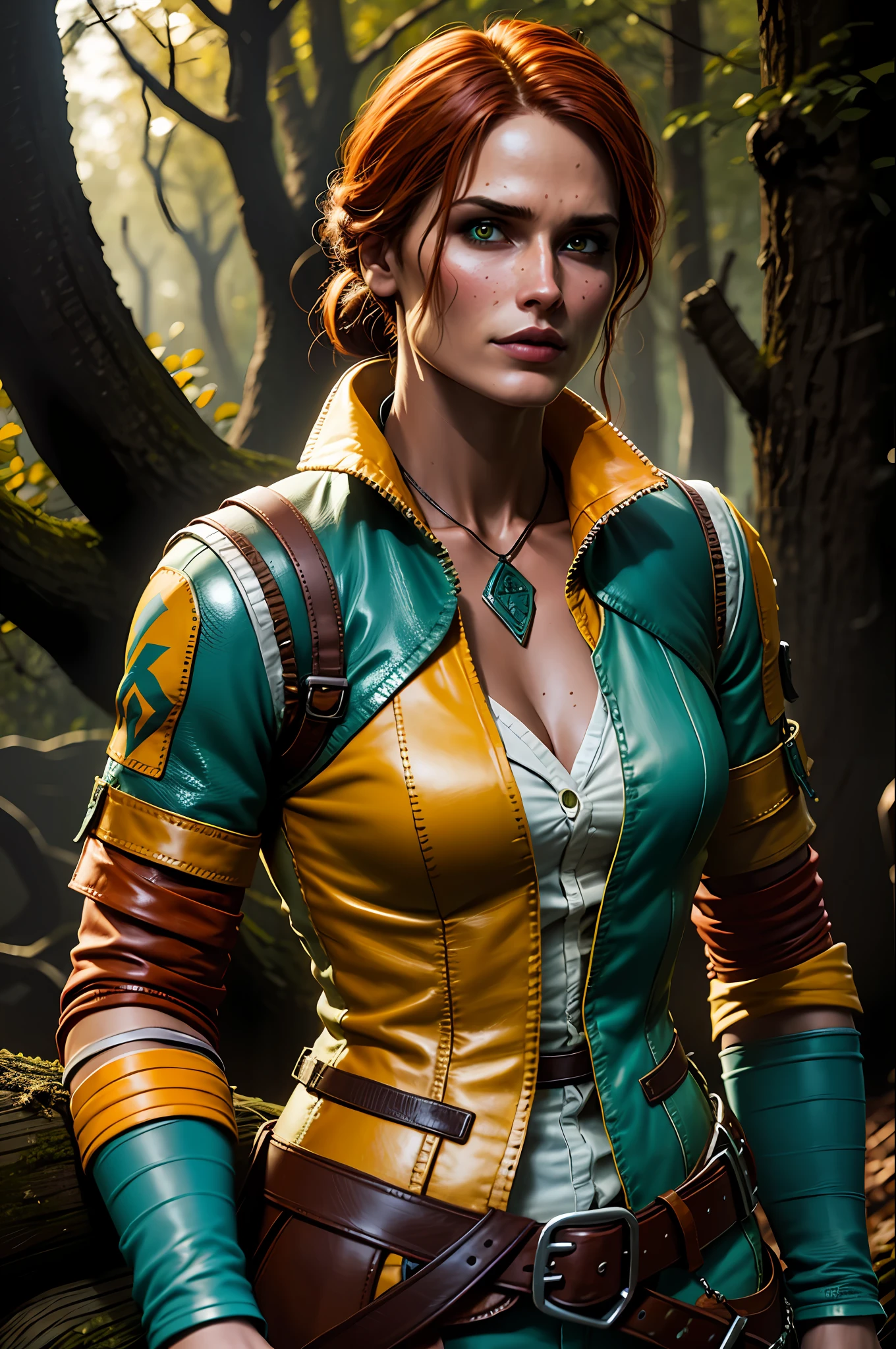 A portrait of Tr1ss wearing a yellow leather jacket with turquoise trimmings against a wood background