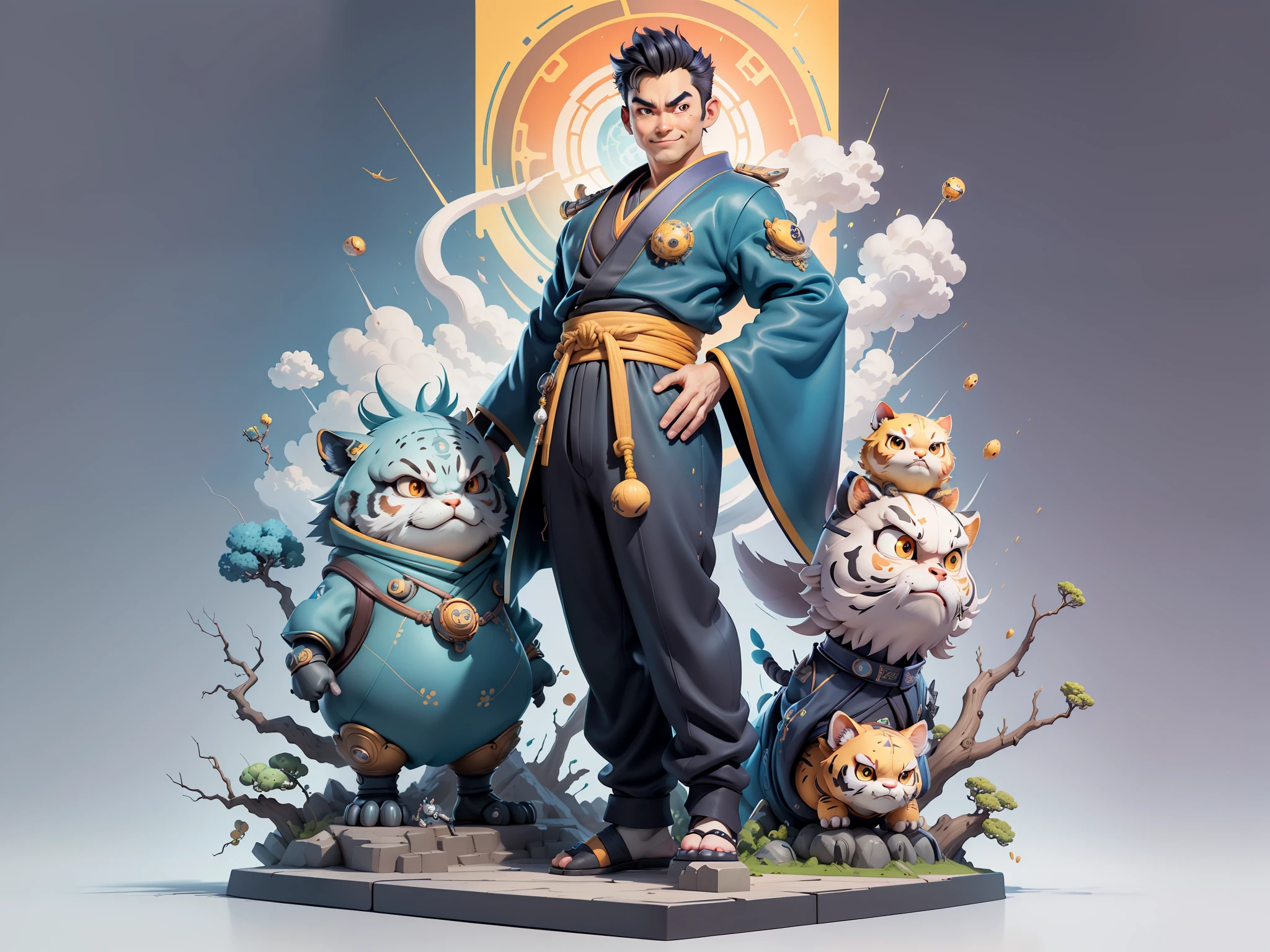 (Masterpiece), (Excellent), (Super Meticulous), (Full Body: 1.2), Super Young Man, Oriental Face, Japanese Kimono, Japanese Wind Thunder God, Dragon, Tiger, TV Anchor, Bust Portrait Illustration, Alone, Black Suit, Blue Tie, Slightly Chubby Face, Very Clean Face, No Beard, Black Super Short Hair, Black Eyes, Confident Smile, 3c Computer Sub-Products, iPad, iPhone, Digital Painting, 3D Character Design by Akira Toriyama and Mark Claireden and Pixar and Hayao Miyazaki, The illustration is a high-definition illustration in 4K resolution with very detailed facial features and cartoon-style visuals.
