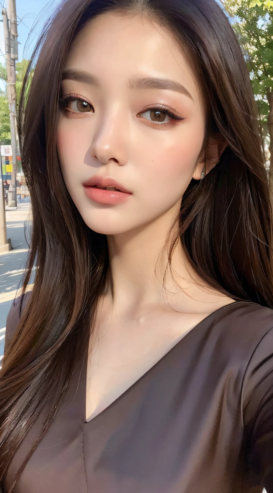 ((Best Quality, 8k, Masterpiece: 1.3)), 1girl, Selfie, Close Up, Straight Face, Slim Face, Pretty Woman, (Dark Brown Hair), Full-length Dress: 1.1, Ultra Detailed Face, Detailed Eyes, Double Eyelids, Blurred Background, Slim Face, City, Outside, Street, Sunny, Sky, Nature