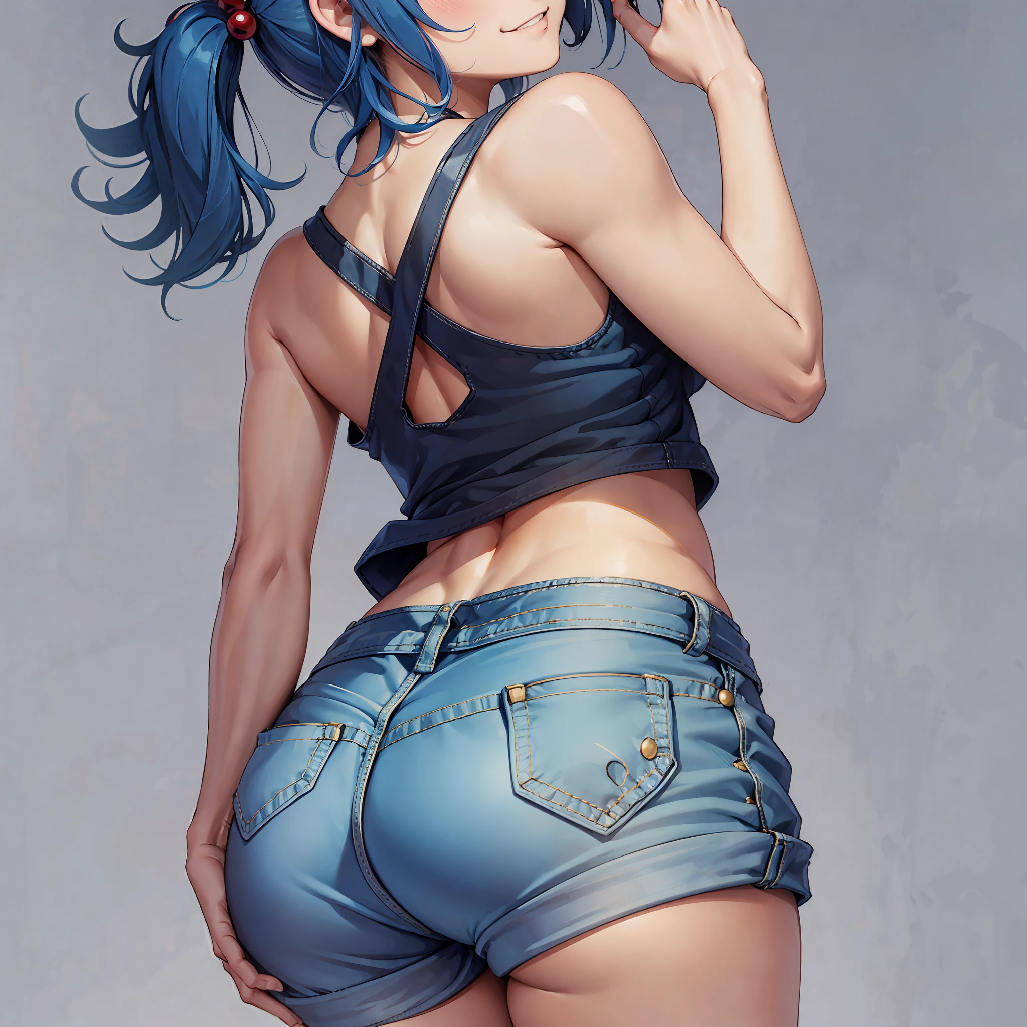 (masterpiece, best quality:1.2), (simple background: 1.5), (simplistic background), cowboy shot, ((solo)), 1girl, kawashiro nitori, smile, looking at viewer, two side up, blue hair, (short hair), (short twintails), hair bobbles, hair ornament, (black tank top), (denim shorts), tight shorts, looking at viewer, smirk, from behind, butt, wide hips, butt, large butt, huge ass, large behind, large rear, suggestive