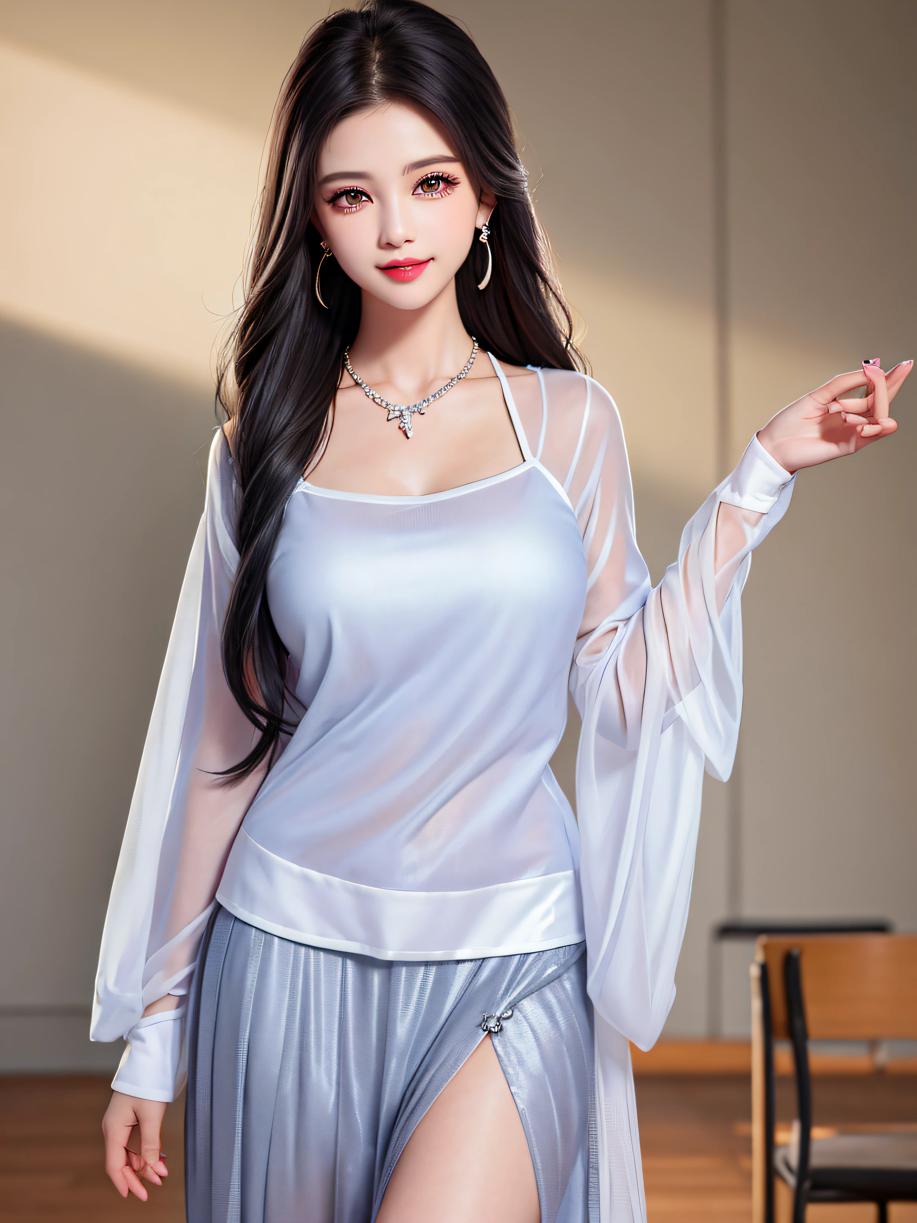 Female Teacher Standing in Classroom v6, Necklace (Thinking Held on the Wall), Earrings, Full Body V6, Long Gray Hair, Translucent Clothes, Visible, Superb, Ultra High Definition, RAW Photo, Realism 1.25), (Bright Lip Gloss, Long Eyelashes, Smooth) Face, Bright Skin, Natural Shadows, Wide Light, Wide Light, Depth of Field, Strong Color, Subtle Caustics: 0.8), Smile, (Big), V6) ( Skirt up)