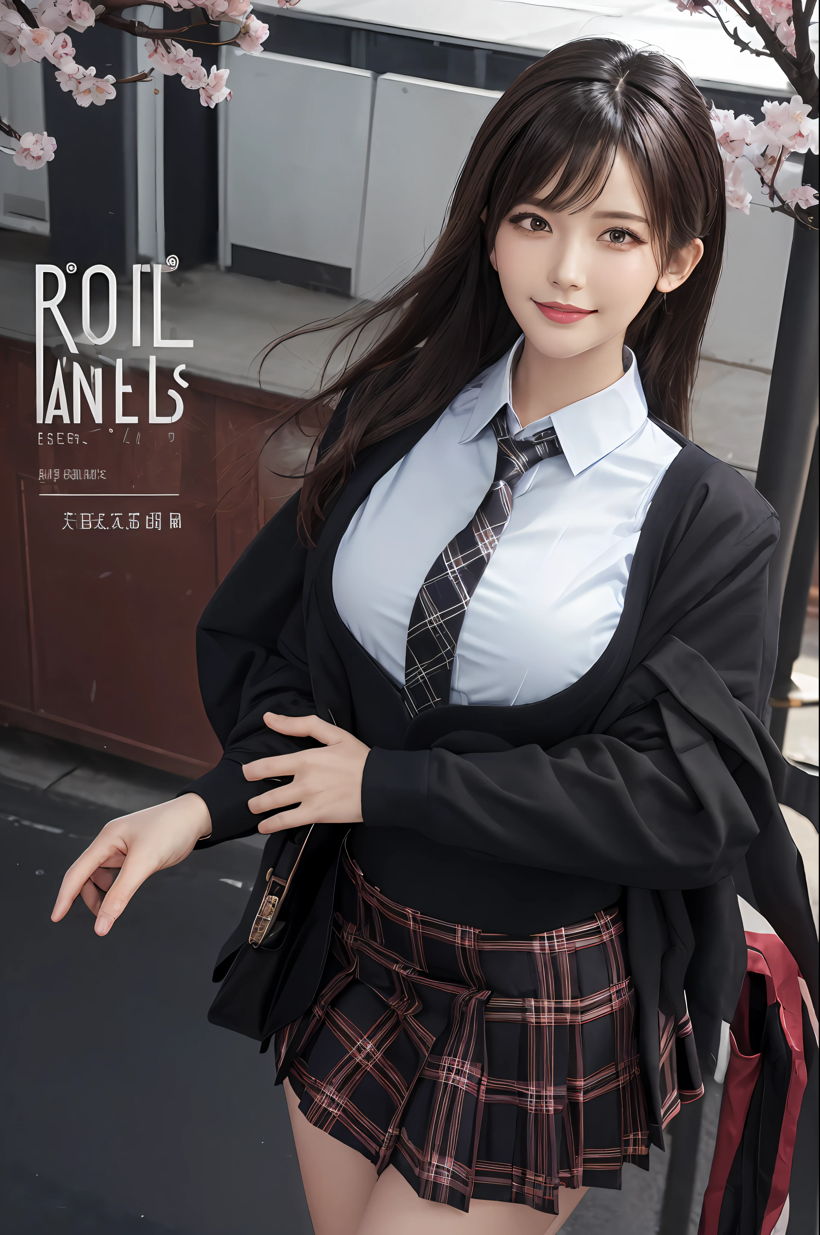 masterpiece, best quality, full body, 1girl, bangs, black choker, black necktie, black hair, blue skirt, blush, bracelet, breasts, choker, clothes around waist, collarbone, collared shirt, cowboy shot, dress shirt, ear piercing, eyebrows visible through hair, gradient hair, grin, gyaru, jewelry, kogal, long hair, looking at viewer, loose necktie, necktie, piercing, plaid, plaid skirt, pleated skirt, red eyes, ring, school uniform, shirt, skirt, smile, solo, white shirt, street, sky, cherry blossoms, petals,illustration, (magazine:1.3), (cover-style:1.3), fashionable, woman, vibrant, outfit, posing, front, colorful, dynamic, background, elements, confident, expression, holding, statement, accessory, majestic, coiled, around, touch, scene, text, cover, bold, attention-grabbing, title, stylish, font, catchy, headline, larger, striking, modern, trendy, focus, fashion,