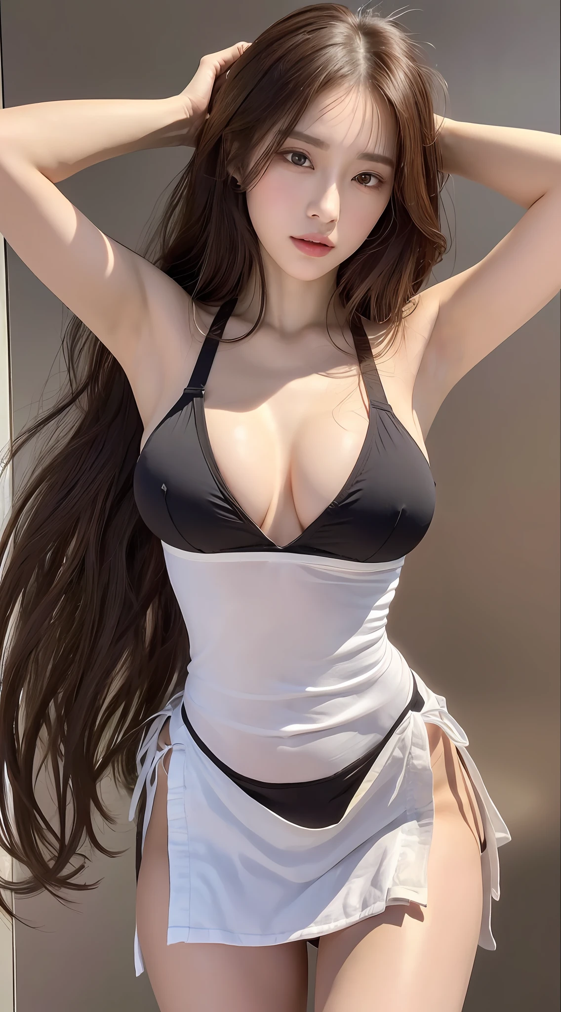 ((top quality, 8k, masterpiece: 1.3)), Sharp Focus: 1.2, Pretty woman with perfect figure: 1.4, slender abs: 1.2, ((Dark brown hair, huge breasts: 1.4)), wearing an apron, naked, (without panties), (without bra), built-up: 1.2, highly detailed face and skin texture, detailed eyes, double eyelids