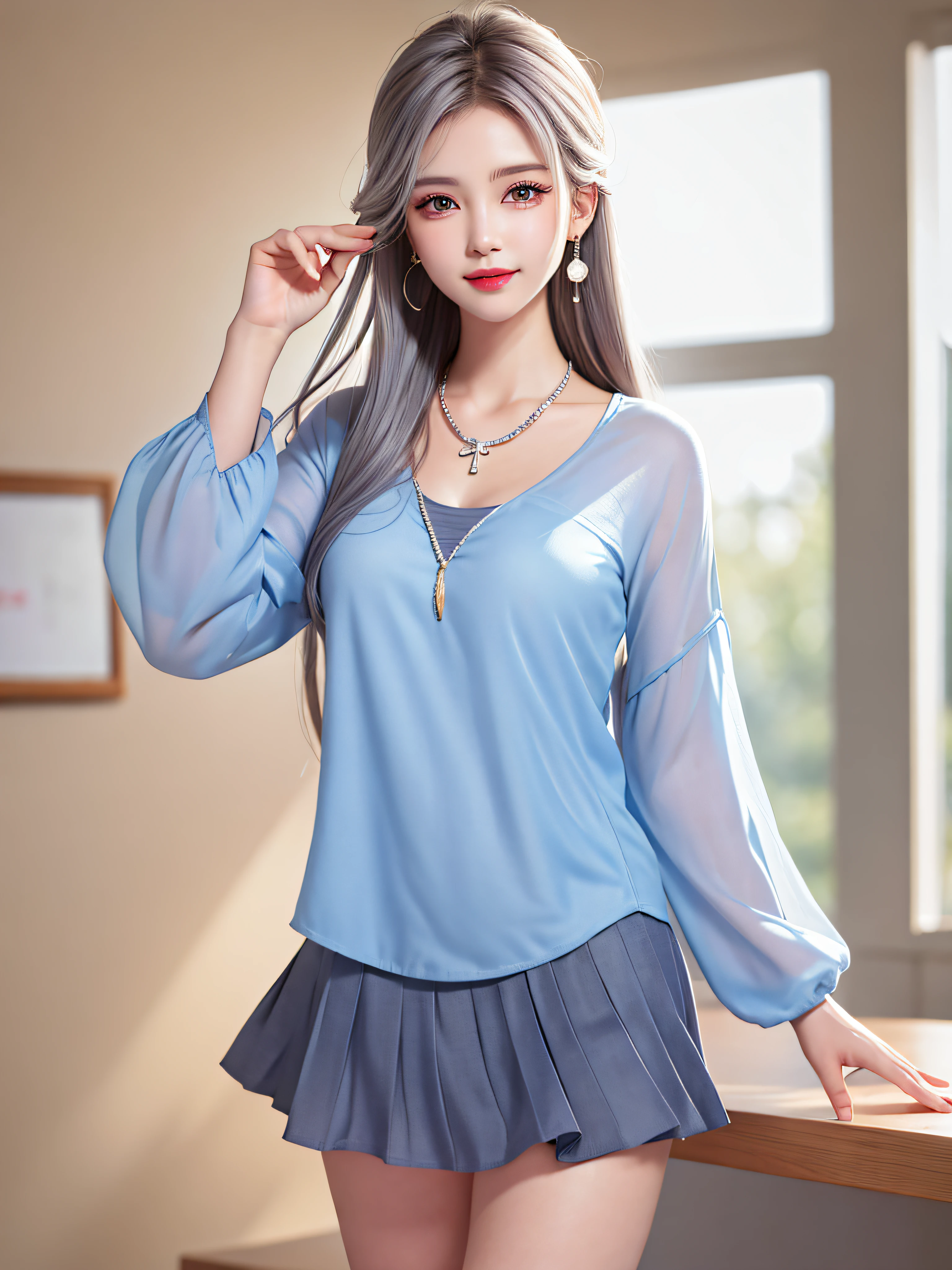 Female Teacher Standing in Classroom v6, Necklace (Thinking Held on the Wall), Earrings, Full Body V6, Long Gray Hair, Translucent Clothes, Visible, Superb, Ultra High Definition, RAW Photo, Realism 1.25), (Bright Lip Gloss, Long Eyelashes, Smooth) Face, Bright Skin, Natural Shadows, Wide Light, Wide Light, Depth of Field, Strong Color, Subtle Caustics: 0.8), Smile, (Big), V6) ( Skirt up)