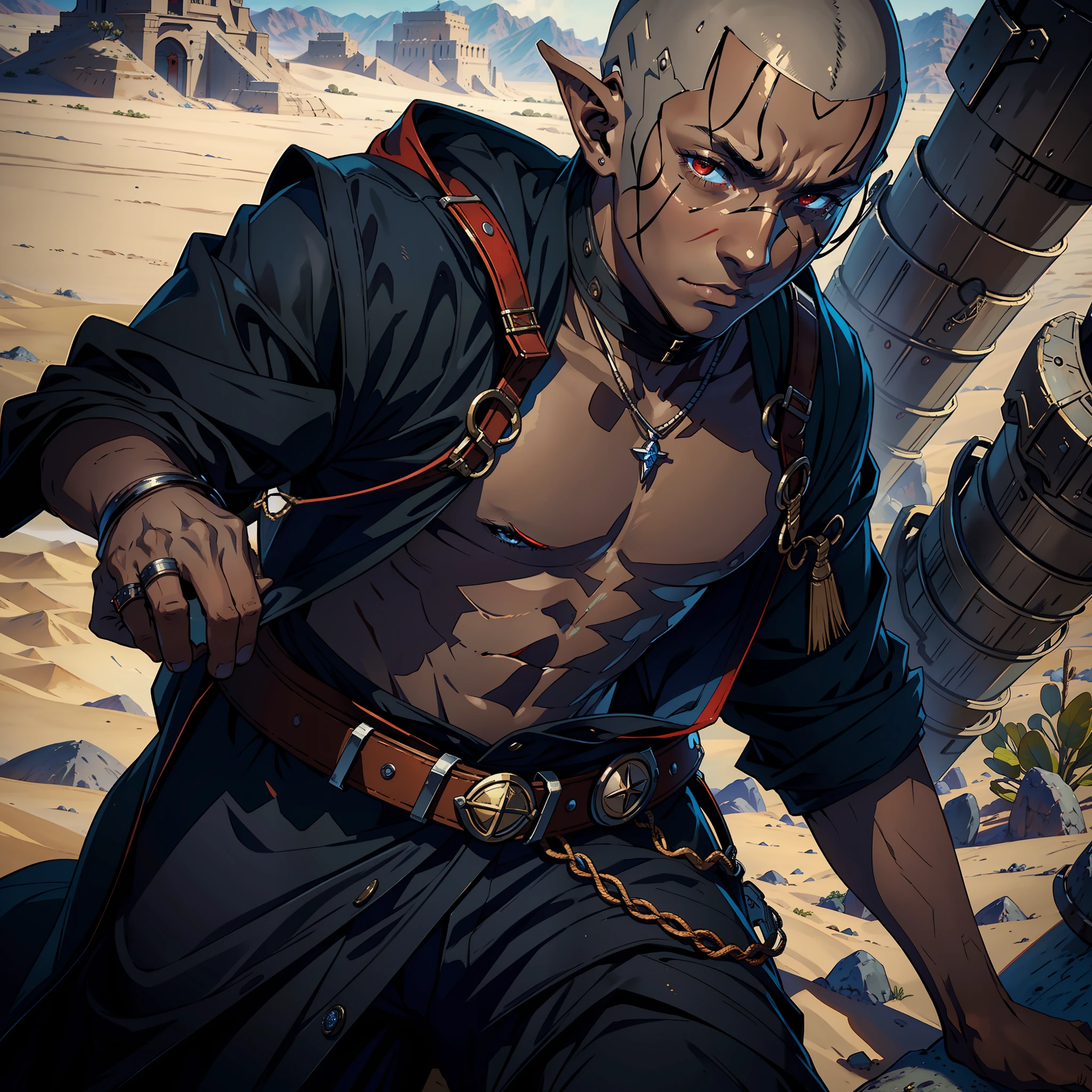 ((realistic: 1.5)),((best quality)), ((masterpiece)),((detailed)), man, dark skin, young, shaved hair, red eyes, focus on face, serious look, elf ears, war general's outfit, city in the desert
