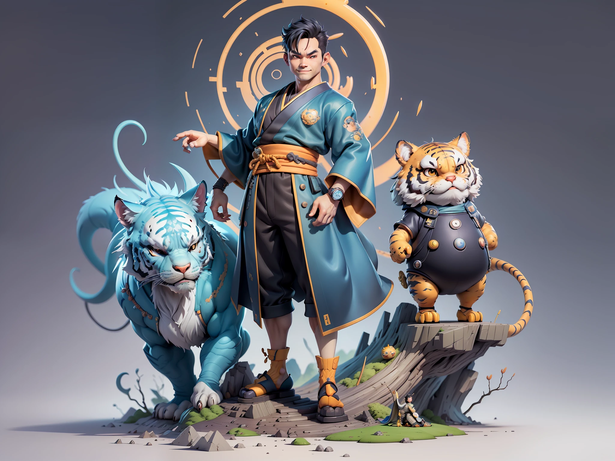 (Masterpiece), (Excellent), (Super Meticulous), (Full Body: 1.2), Super Young Man, Oriental Face, Japanese Kimono, Japanese Wind Thunder God, Dragon, Tiger, TV Anchor, Bust Portrait Illustration, Alone, Black Suit, Blue Tie, Slightly Chubby Face, Very Clean Face, No Beard, Black Super Short Hair, Black Eyes, Confident Smile, 3c Computer Sub-Products, iPad, iPhone, Digital Painting, 3D Character Design by Akira Toriyama and Mark Claireden and Pixar and Hayao Miyazaki, The illustration is a high-definition illustration in 4K resolution with very detailed facial features and cartoon-style visuals.