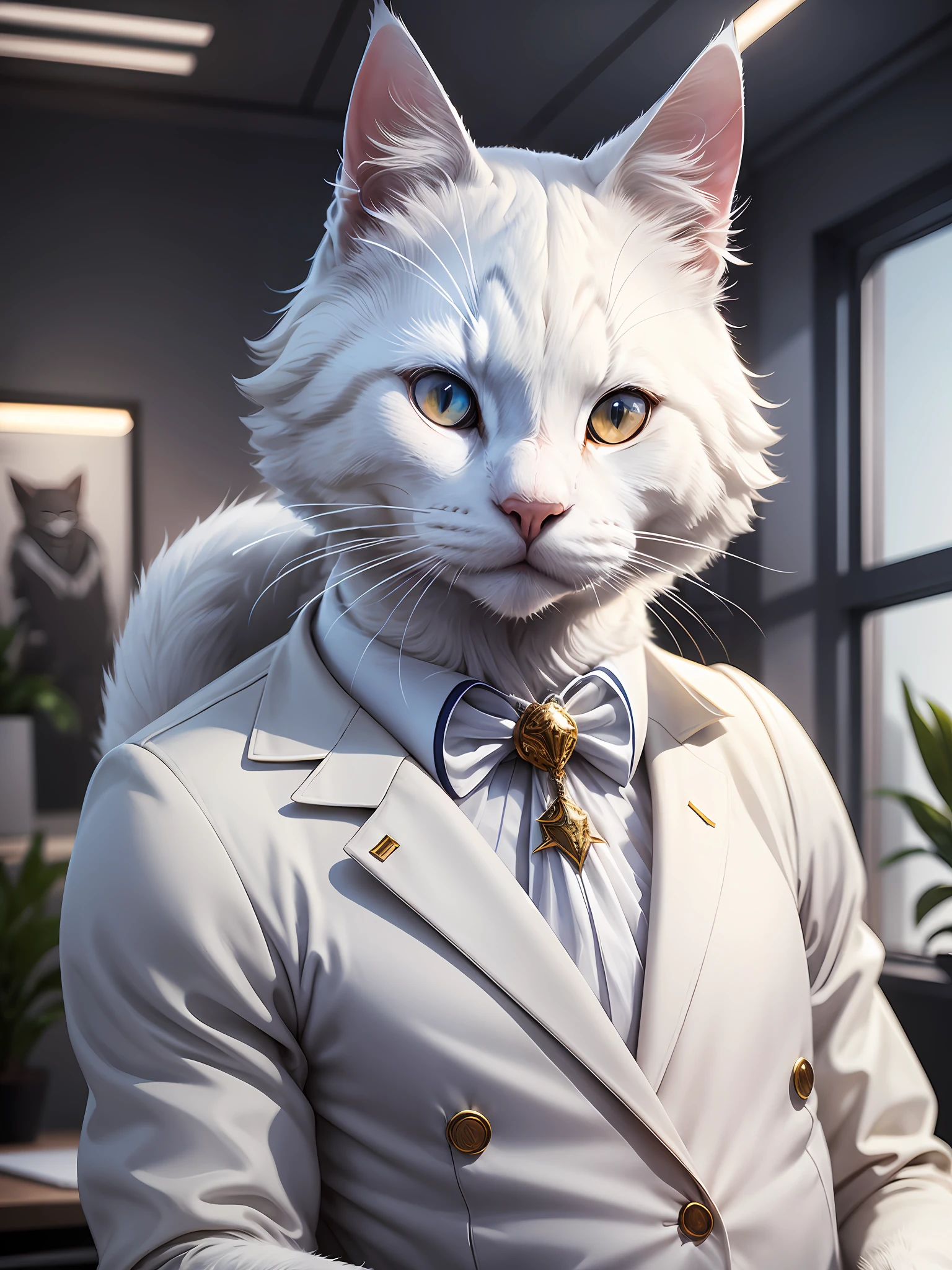 Portrait of a white cat, with human body, wearing an extravagant suit, good ilumination, in an office, realistic,8k --auto --s2