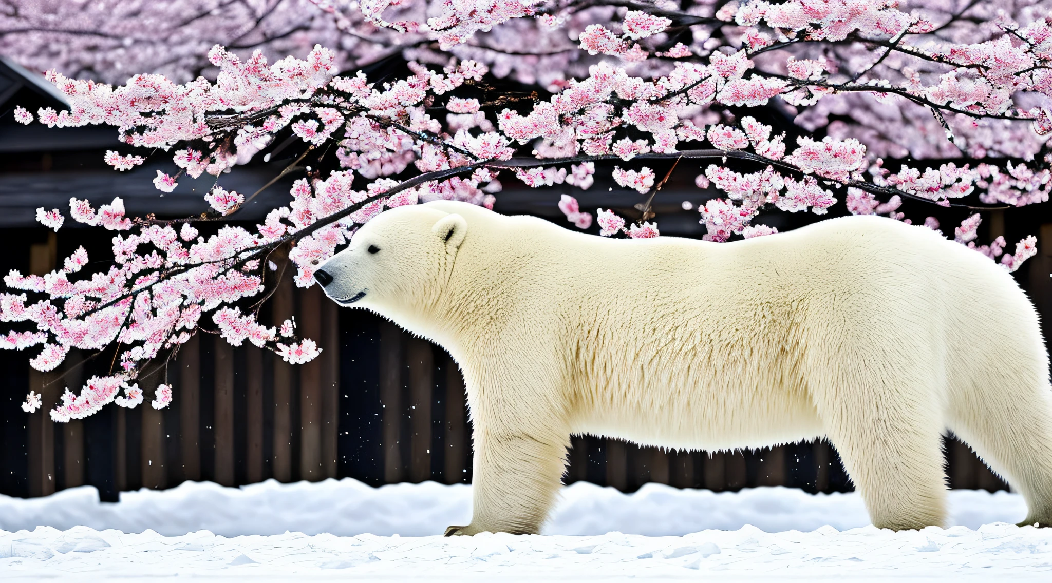 A cherry blossom tree in full bloom amidst an arctic tundra showering petals on a polar bear