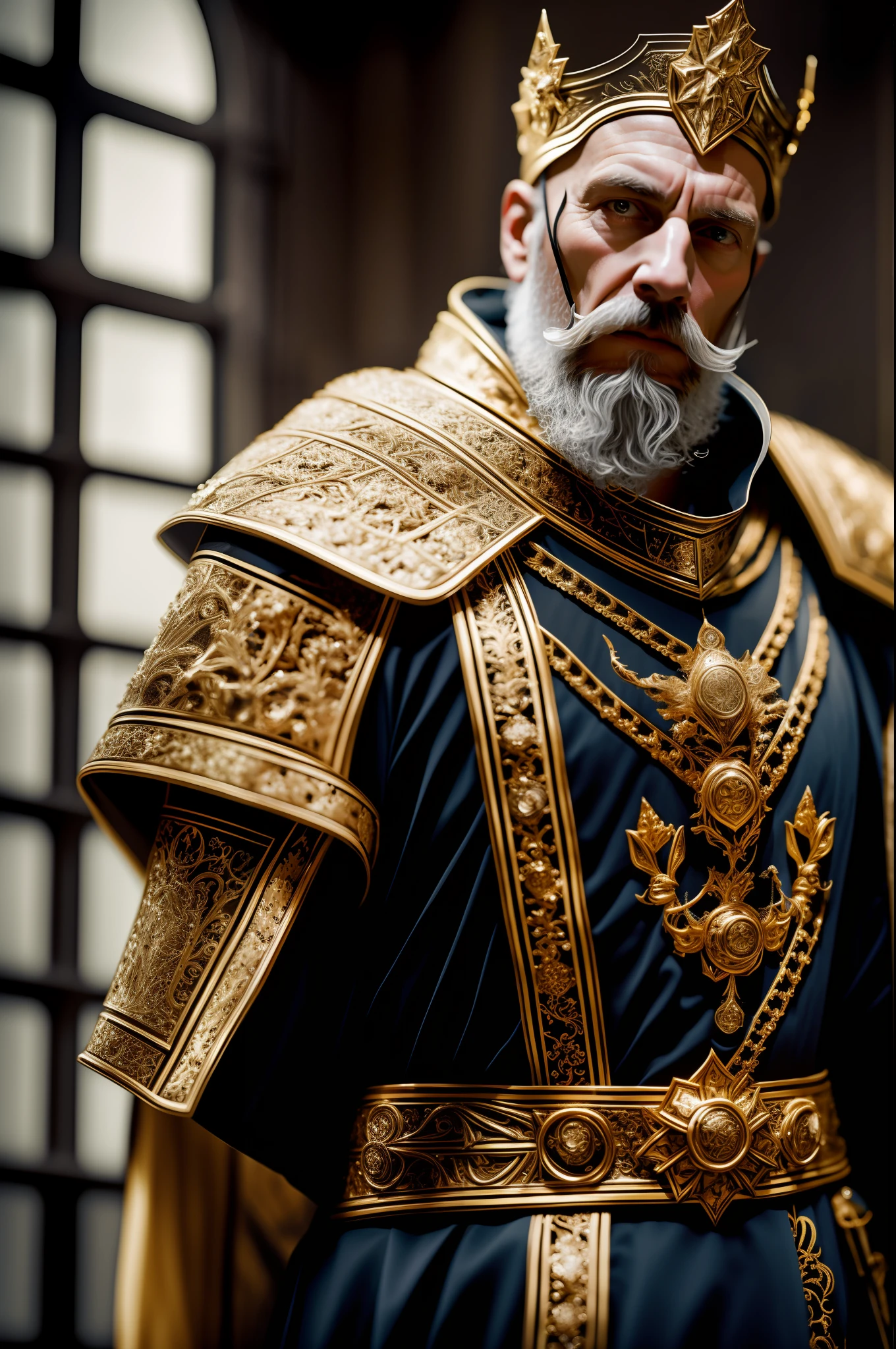 best quality, 500px, cgsociety, 8k, raw photo of (beautiful: 1.2) human king, dress king's crown, king's armor, 40yo, beard, in castle, full body, ambient light, backlight, volumetric lighting, realistic, realistic lighting, cinematic lighting, depth of field, sharp focus, (high contrast: 1.2), (film grain), imposing presence, dark aura, tall stature, robust, penetrating look,  Scar on the face, air of mystery, dressed in costumes of nobility, details in dark tones
