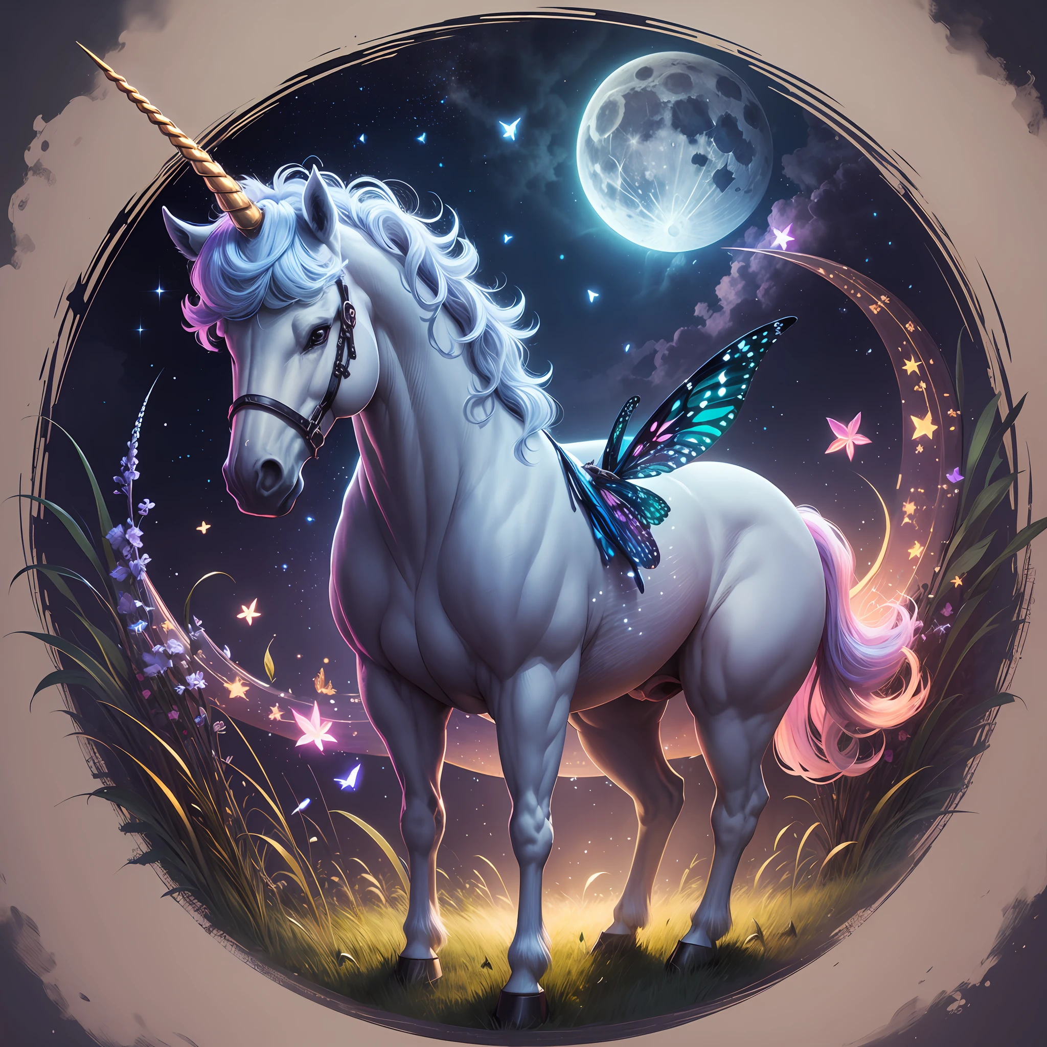 unicorn, moon, sky, fireflies, fairies, grass --auto --s2