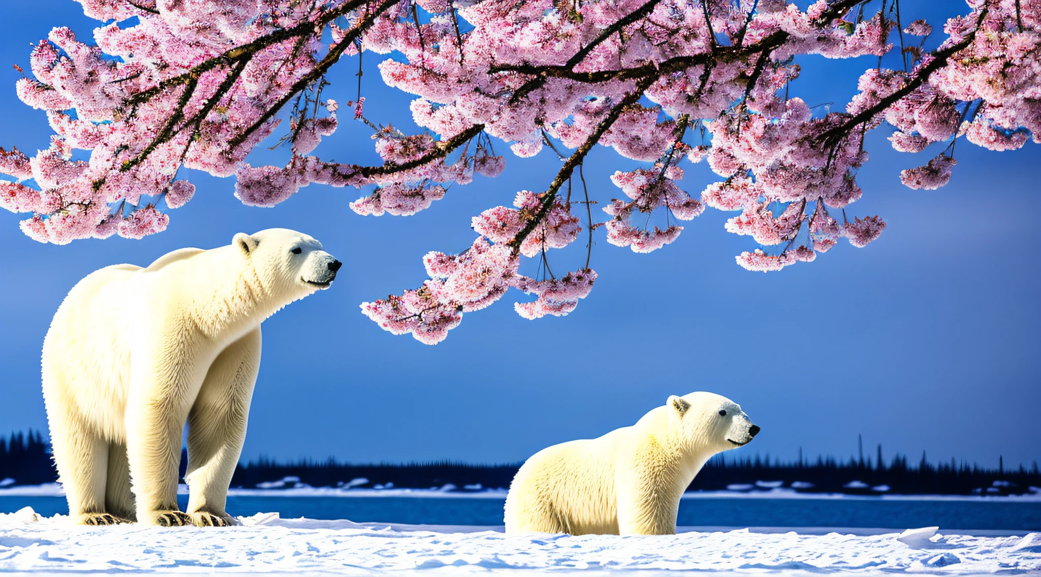 A cherry blossom tree in full bloom amidst an arctic tundra showering petals on a polar bear