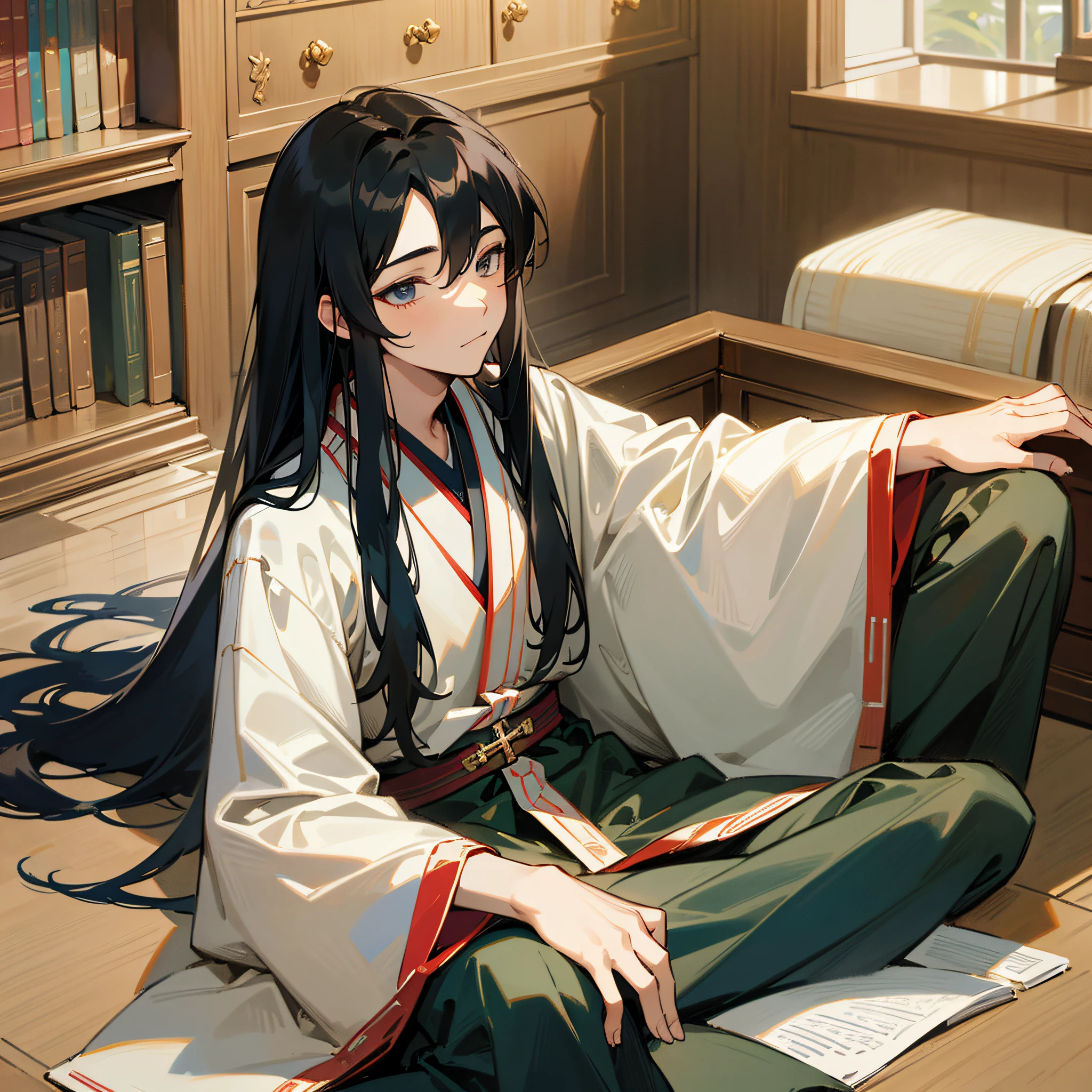 Masterpiece, daytime, indoors, library cabinet, a twenty-year-old long-haired black haired boy in Hanfu sitting cross-legged on the ground with his eyes closed, --auto --s2