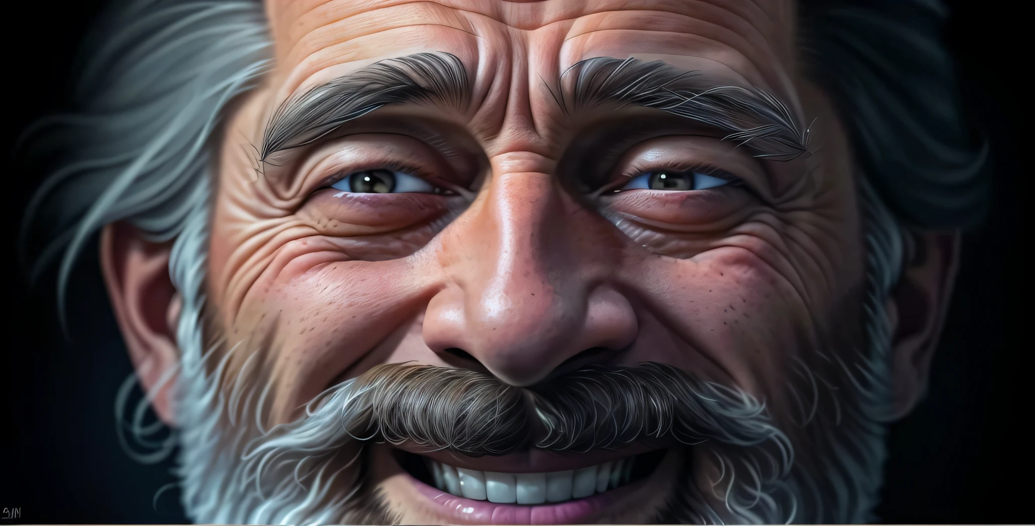 a close up of a man with a beard and a smile, ultra detailed portrait, highly detailed vfx portrait, hyperrealistic faces, photorealistic faces, hyper realistic faces, ultra - realistic faces, photorealistic facial features, hyper realistic face, super realistic facial features, hyperrealistic face, photorealistic face, hyper realistic digital painting, extremely realistic faces, ultra realistic digital painting