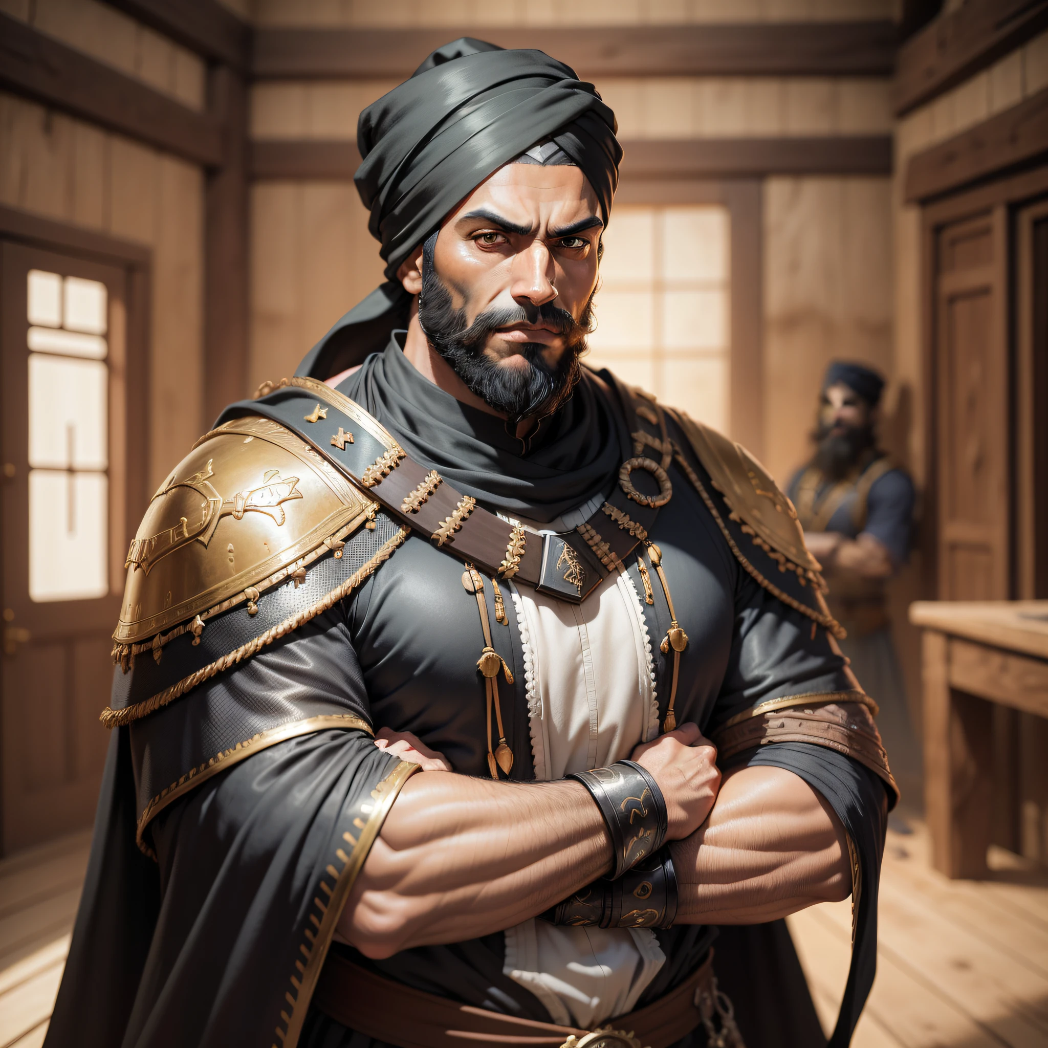 Realistic image of a mulatto man with Arab features, 40-something, black beard, strong, dressed in black cleric's clothes and with shoulder pads, anime character style art, wearing a black turban, arms crossed, looking to the side, disapproving expression, in a rustic room of a house in the desert