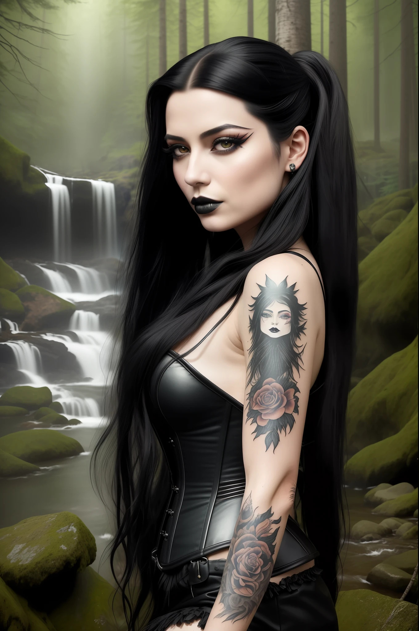 masterpiece, best quality, {30 year old female}, long black hair, expressionless, windswept hair, black leather corset, black lipstick, detailed eyes, forest background, waterfall, black tatoos on arm, central lip ring {eroticism 1.5}