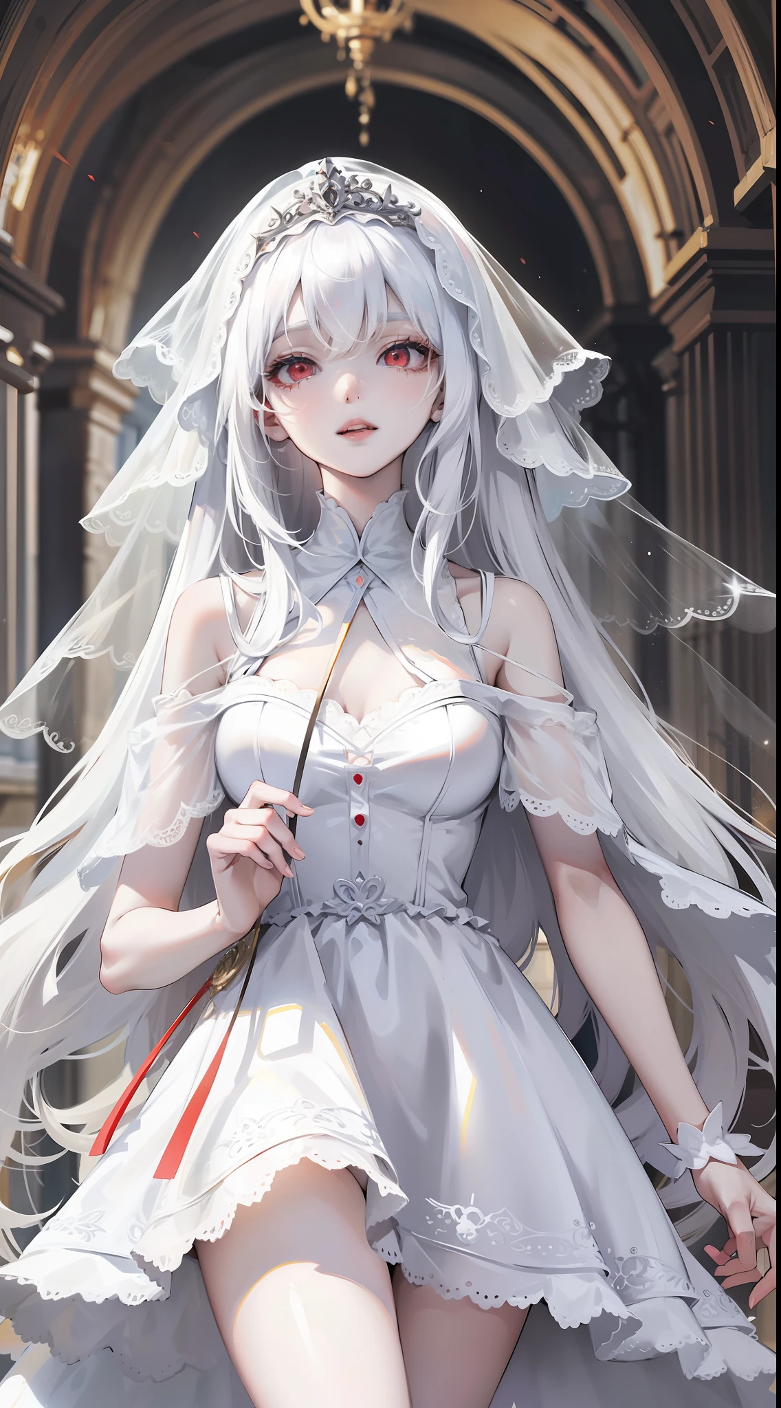 Young girl, long white hair, sloppy hair, red eyes, pale skin, white open dress, translucent dress, veil, masterpiece, high quality
