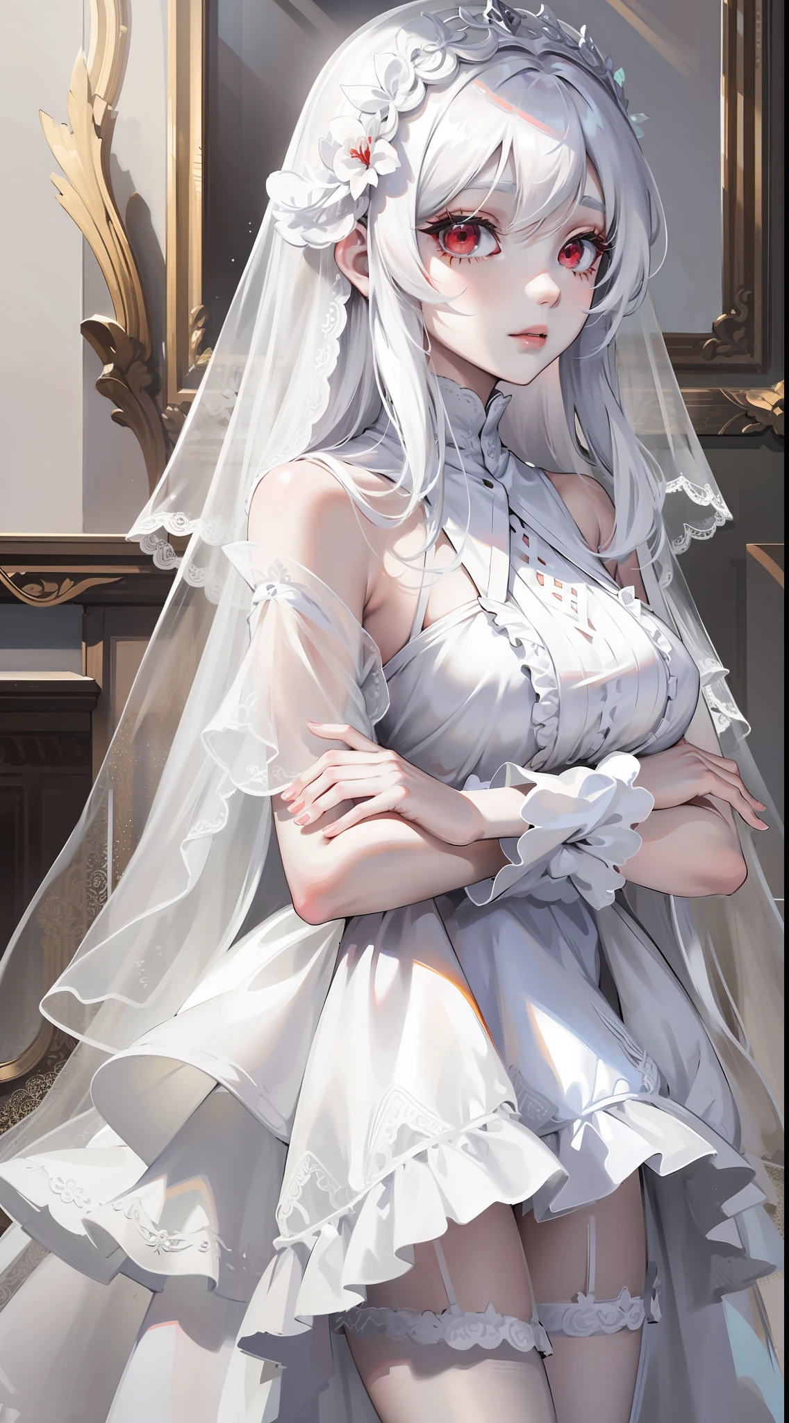 Young girl, long white hair, sloppy hair, red eyes, pale skin, white open dress, translucent dress, veil, masterpiece, high quality