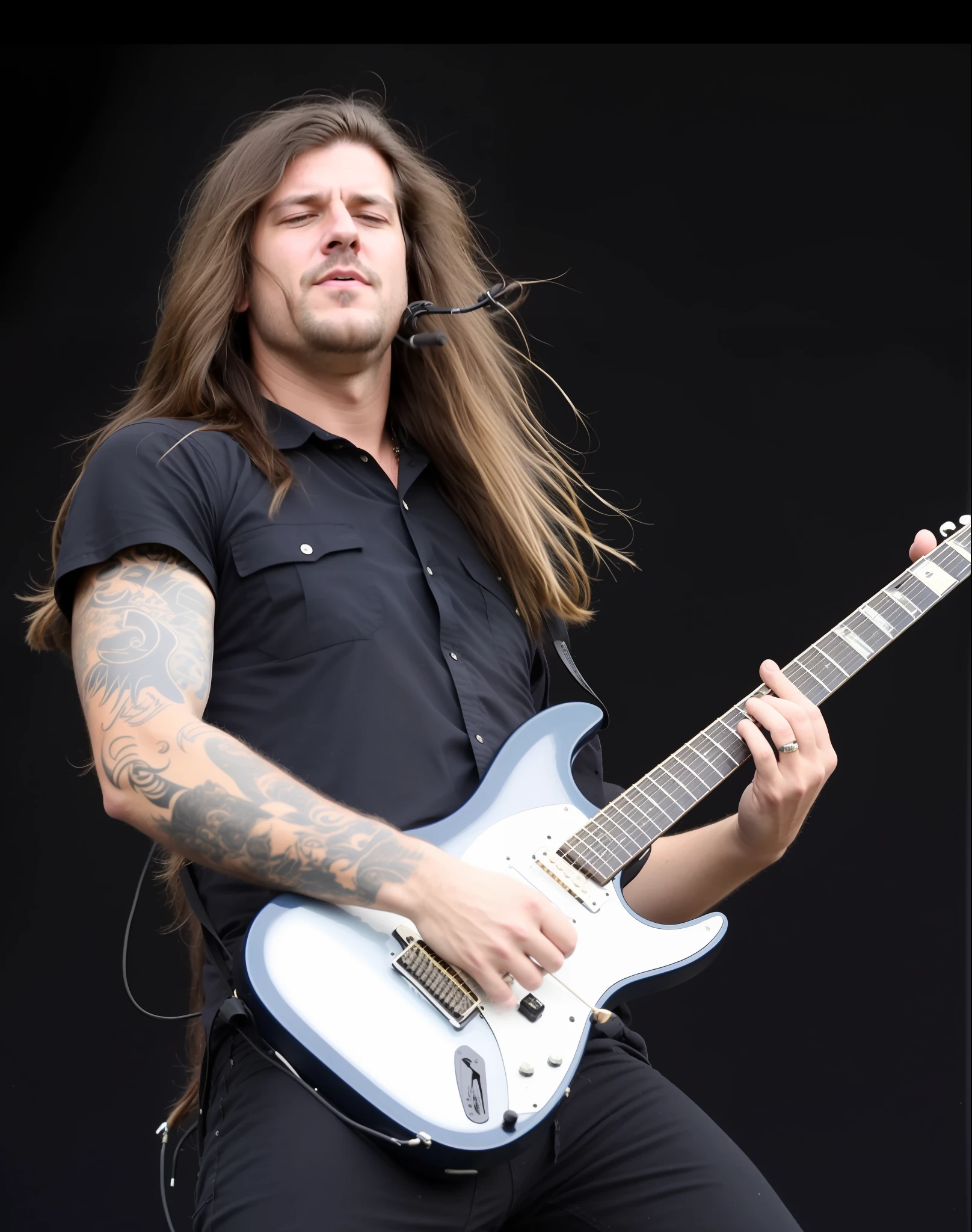 a close up of a man with long hair playing a guitar, caparison, steven wiltshire, matthew williams, felix englund, jonathan winterhart, mastodon, mastodonic, todd macfarlane, marc silvestri, jony ives, matt rhodes, ed o'brien (guitar), playing guitar onstage, felix englund style, keith thompson