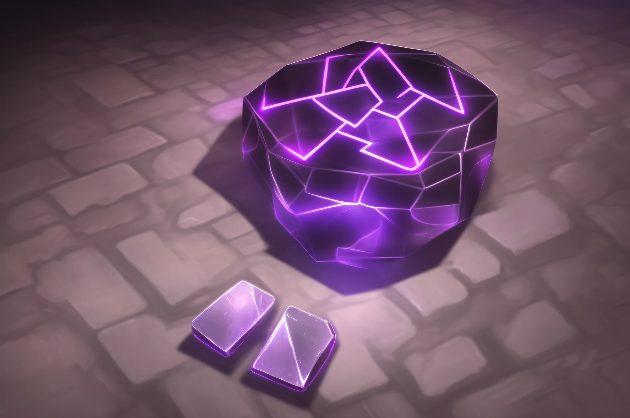 Glowing magic rune symbols, game art, purple, placed on the ground, cave, 2d game art, ambient occlusion rendering, top view
