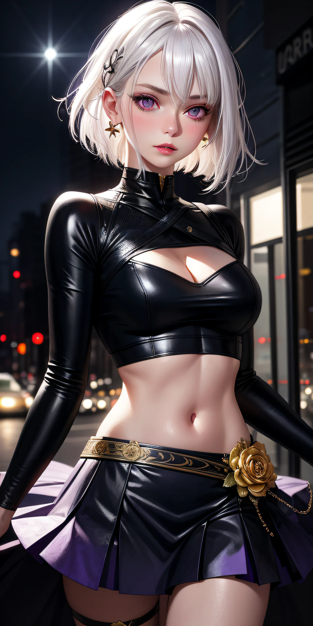 realistic, 1girl, white hair, purple eyes, glowing eyes, crop top, skirt, parted lips, blush, night, flowers, sun, sunlight,