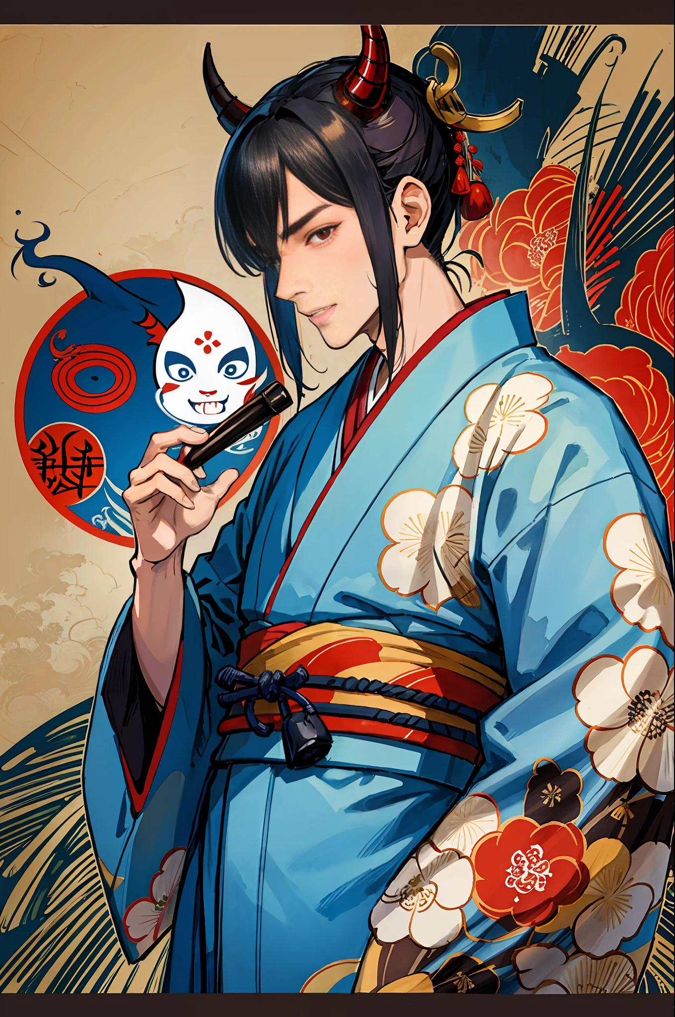 (highest quality), sake drinker doji, handsome, yokai, half face demon face, kimono
