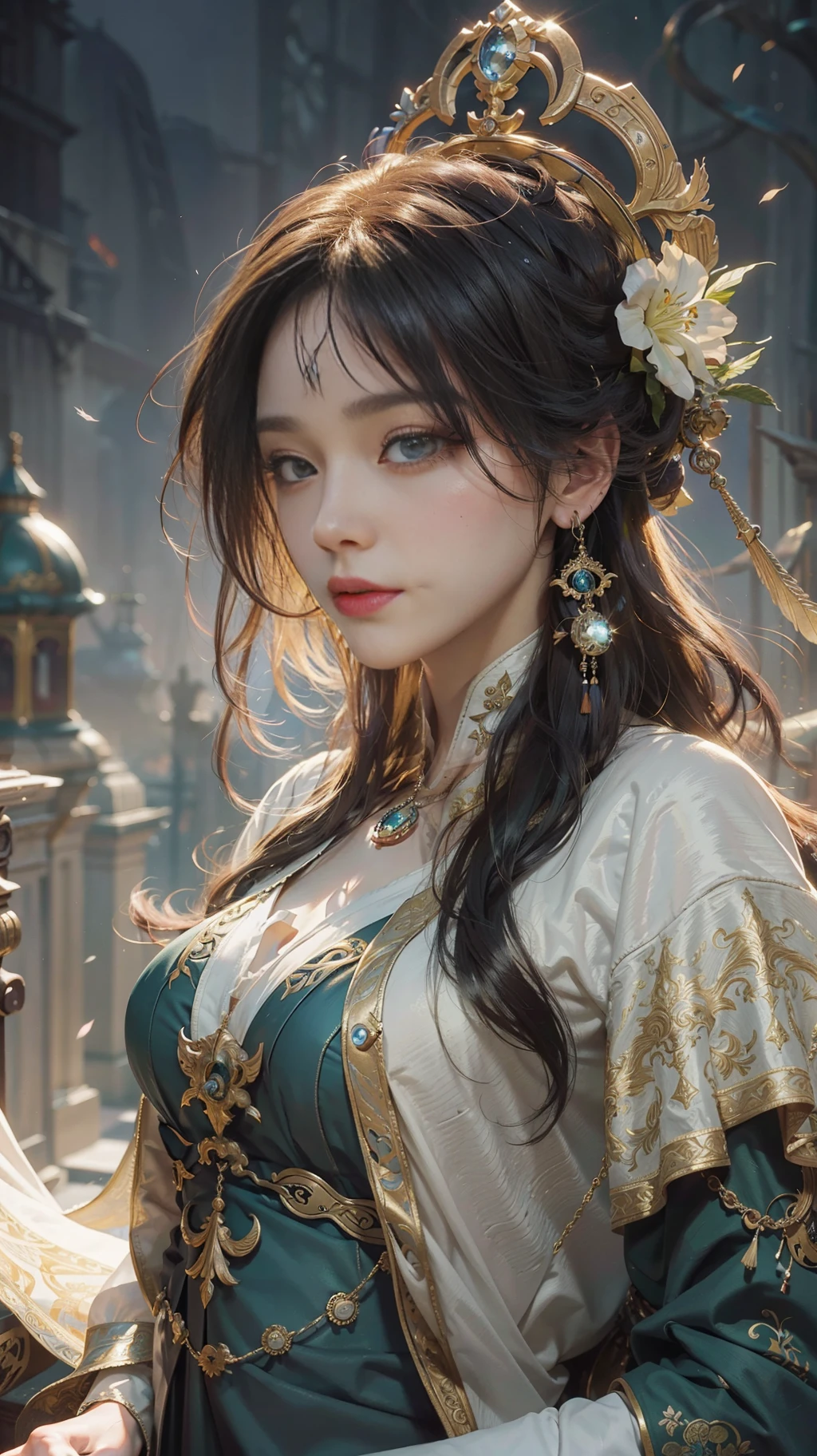 High quality, masterpiece, masterpiece, exquisite facial features, exquisite hair, exquisite eyes, exquisite color hair, 4K picture quality, gorgeous light and shadow, Tyndall effect, halo, messy hair, young state, gorgeous scene, exquisite clothes, chains, feathers, ancient chinese beauty with big eyes very detailed, digital painting, artstation, concept art, sharp focus, illustration, art by greg rutkowski and alphonse mucha and victo ngai