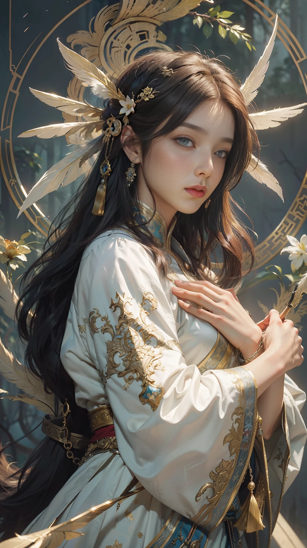 High quality, masterpiece, masterpiece, exquisite facial features, exquisite hair, exquisite eyes, exquisite color hair, 4K picture quality, gorgeous light and shadow, Tyndall effect, halo, messy hair, young state, gorgeous scene, exquisite clothes, chains, feathers, ancient chinese beauty with big eyes very detailed, digital painting, artstation, concept art, sharp focus, illustration, art by greg rutkowski and alphonse mucha and victo ngai