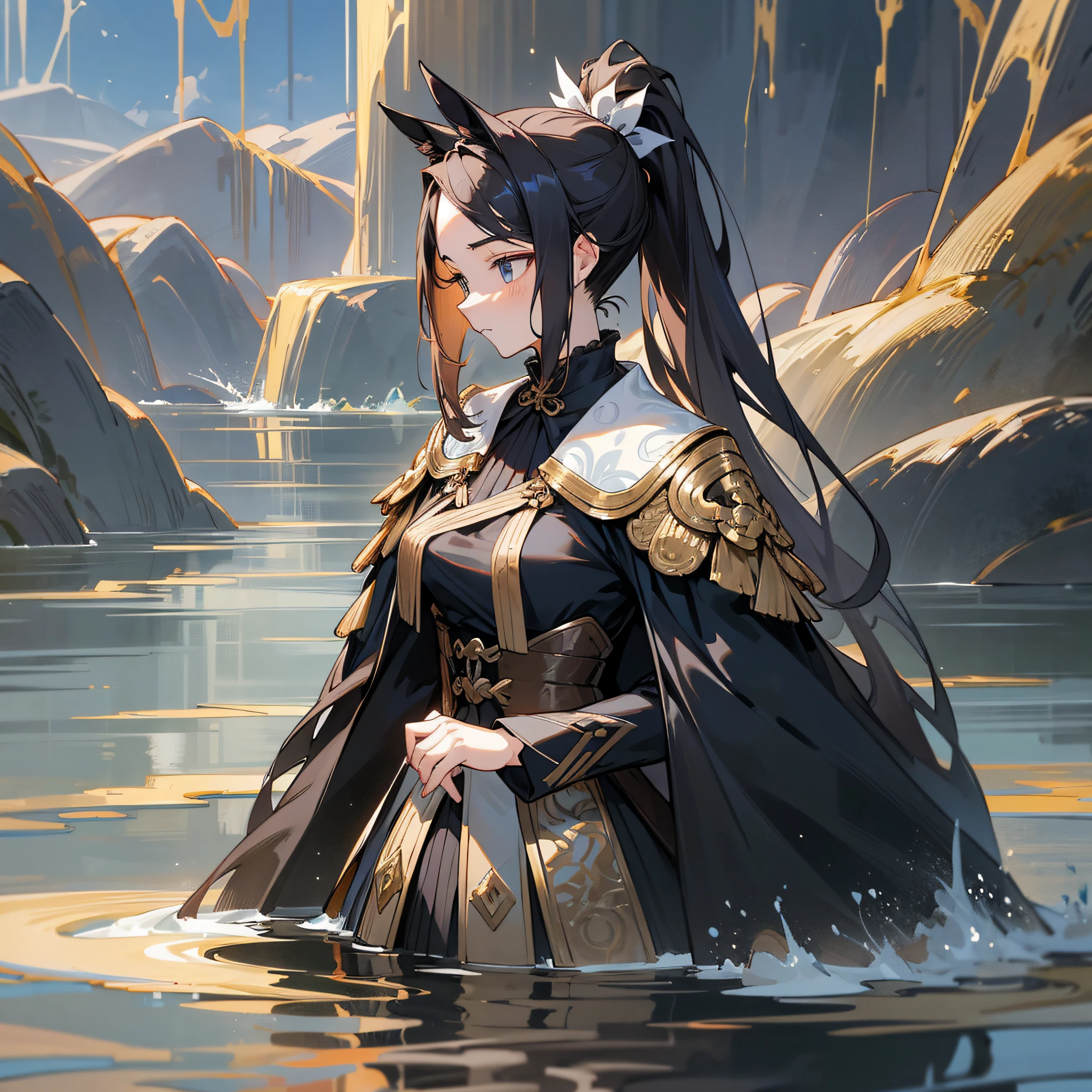 Hair: Black, single ponytail, golden hairpins and waist Face: beautiful, beautiful, watery, noble Clothing: horse coat, noble and majestic Posture: graceful, tall, elegant temperament Weapons: brush ink anime girl --auto --s2