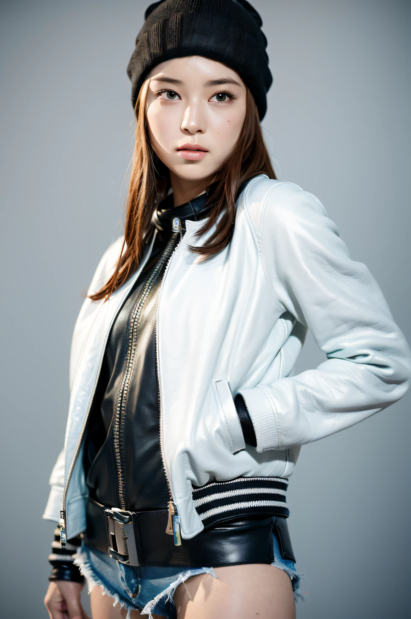 (
(8k:1.27), best quality, masterpiece, ultra highres:1.2) Photo of Pretty Japanese woman
 (beautiful:1.1) (sci-fi warrior woman:1.1) space soldier, (beanie:1.61) (leather jacket:1.21) intricate elegant, fantasy, detailed, ometric by greg rutkowski and alphonse mucha, gradient lighting