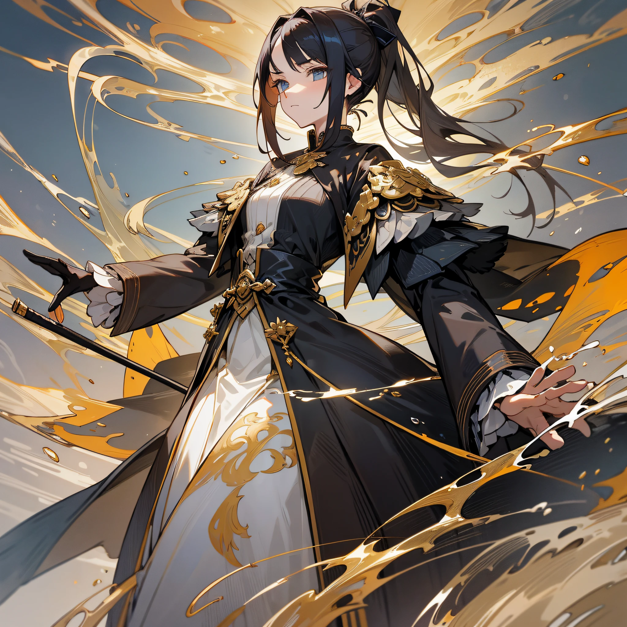 Hair: Black, single ponytail, golden hairpins and waist Face: beautiful, beautiful, watery, noble Clothing: horse coat, noble and majestic Posture: graceful, tall, elegant temperament Weapons: brush ink anime girl --auto --s2