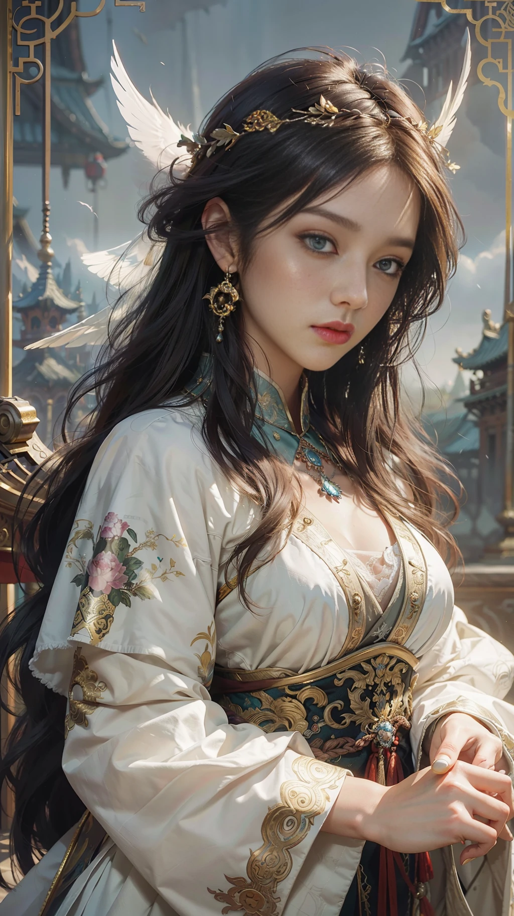 High quality, masterpiece, masterpiece, exquisite facial features, exquisite hair, exquisite eyes, exquisite color hair, 4K picture quality, gorgeous light and shadow, Tyndall effect, halo, messy hair, young state, gorgeous scene, exquisite clothes, chains, feathers, ancient chinese beauty with big eyes very detailed, digital painting, artstation, concept art, sharp focus, illustration, art by greg rutkowski and alphonse mucha and victo ngai