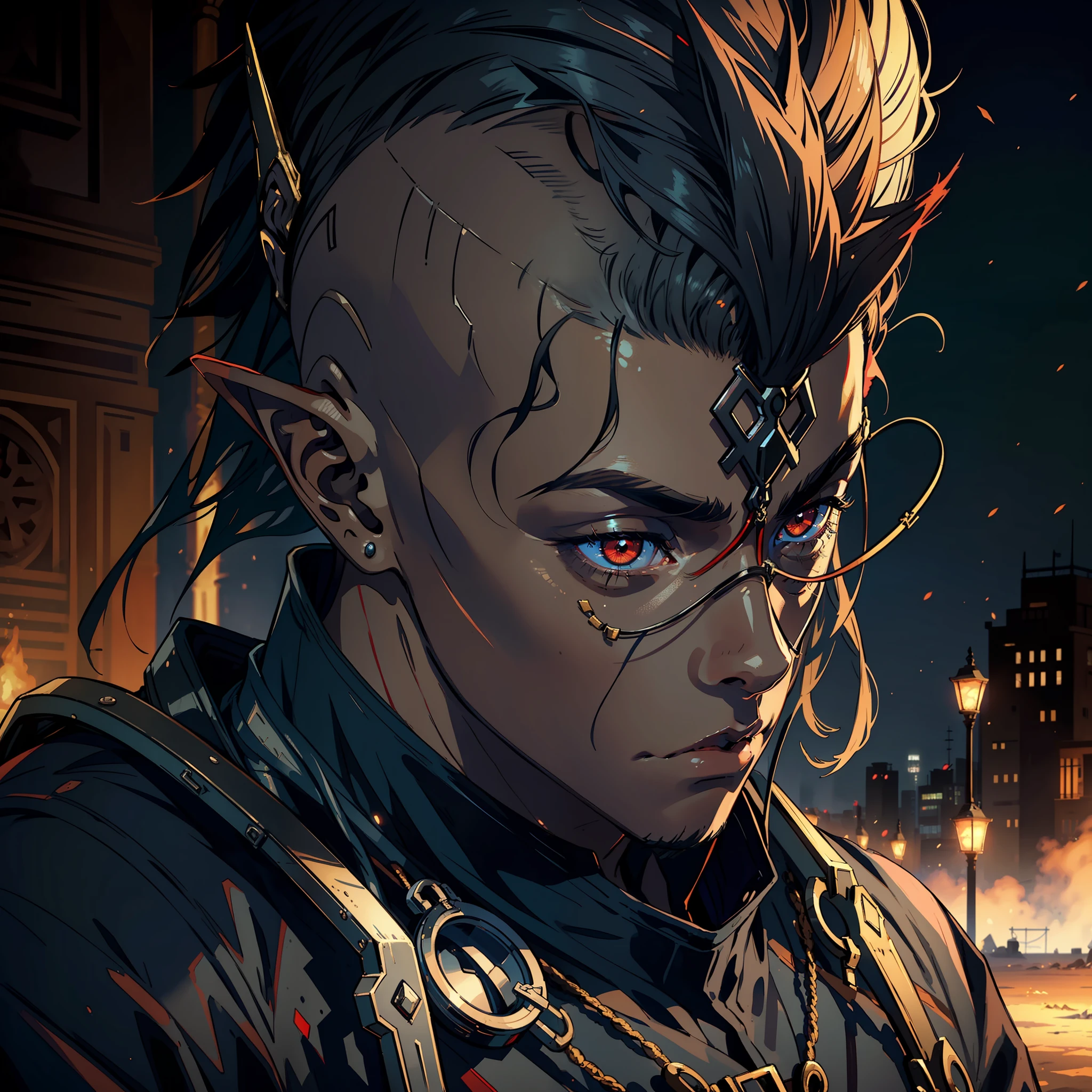 ((realistic: 1.5)),((best quality)), ((masterpiece)),((detailed)), man, dark skin, young, shaved hair, red eyes, focus on face, serious look, elf ears, war general's outfit, city in the desert