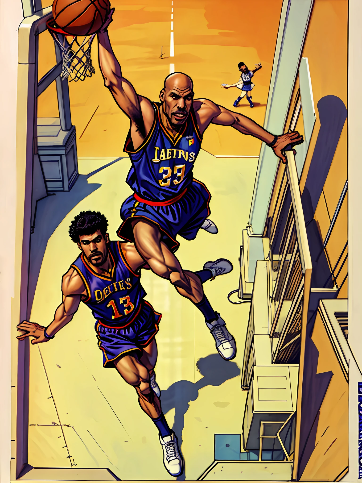 Kareem Abdul-Jabbar  leaping through the air doing a slam dunk \(basketball\), from above,